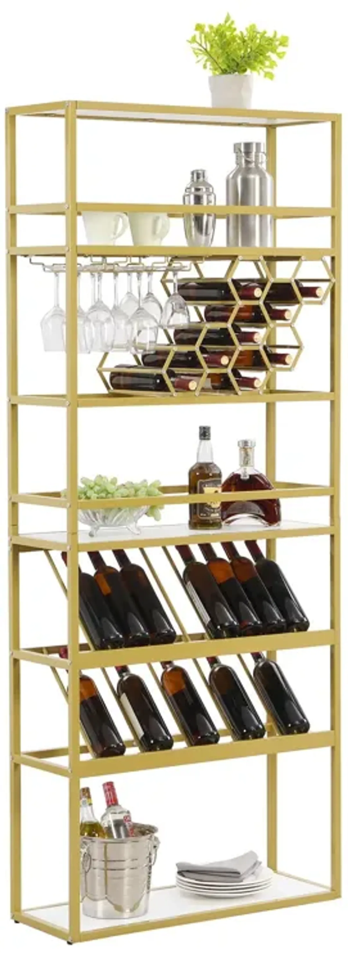 LED Tall Wine Rack Freestanding Floor, 7 Tier Wine Baker Rack With Glass Holder & Wine Storage, Industrial Wine Display Shelf Wine Bar Cabinet For Bar, Kitchen, Dining Room