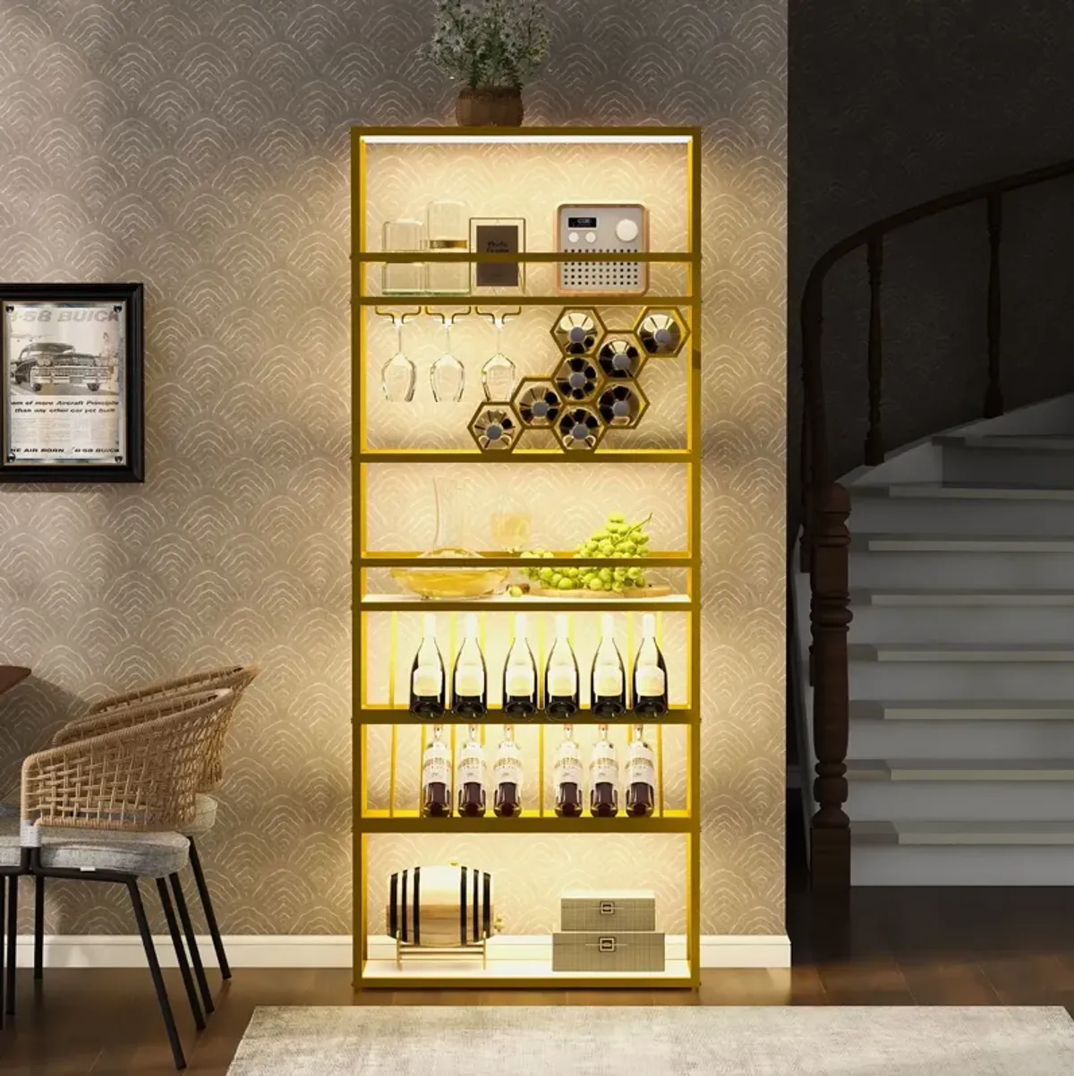 LED Tall Wine Rack Freestanding Floor, 7 Tier Wine Baker Rack With Glass Holder & Wine Storage, Industrial Wine Display Shelf Wine Bar Cabinet For Bar, Kitchen, Dining Room