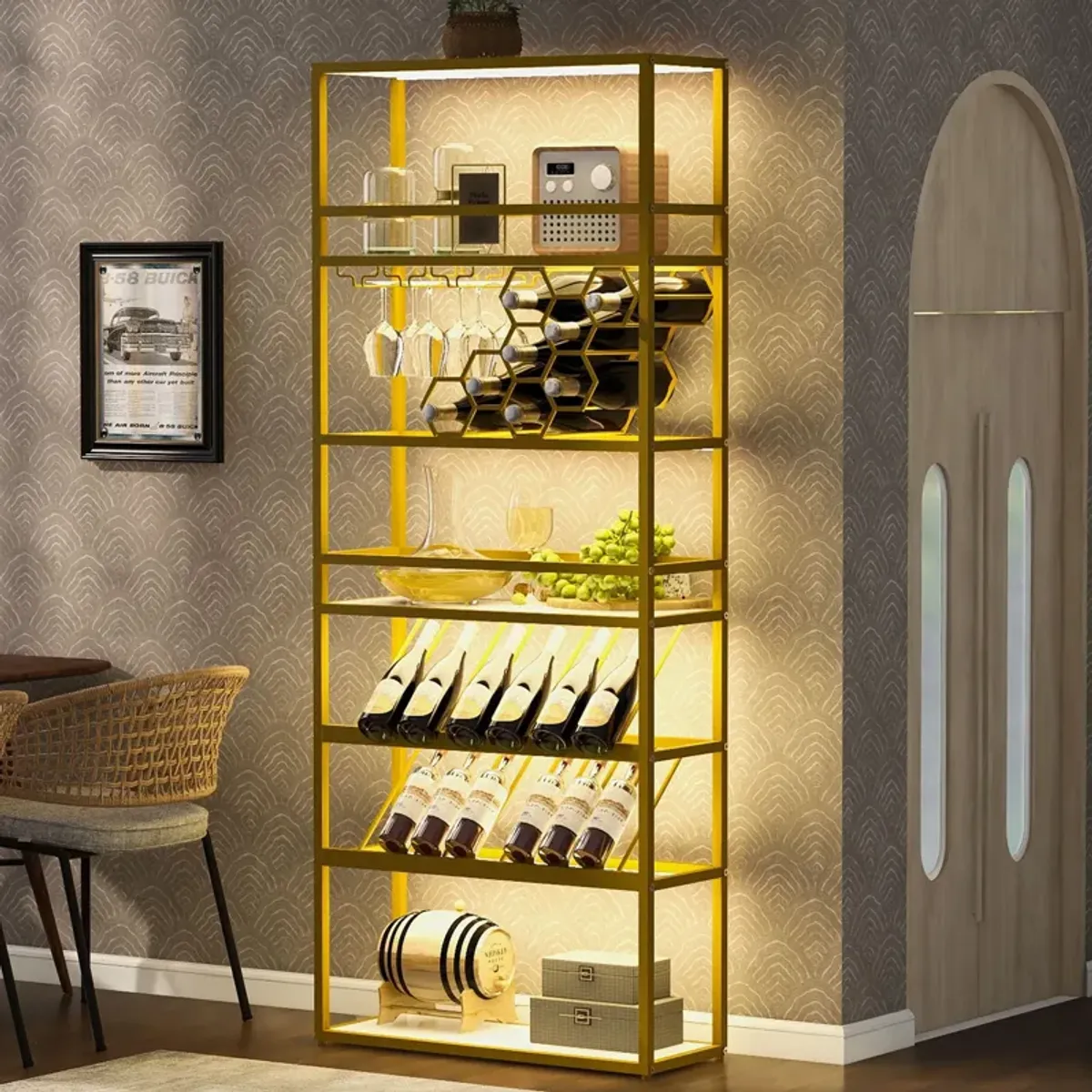 LED Tall Wine Rack Freestanding Floor, 7 Tier Wine Baker Rack With Glass Holder & Wine Storage, Industrial Wine Display Shelf Wine Bar Cabinet For Bar, Kitchen, Dining Room