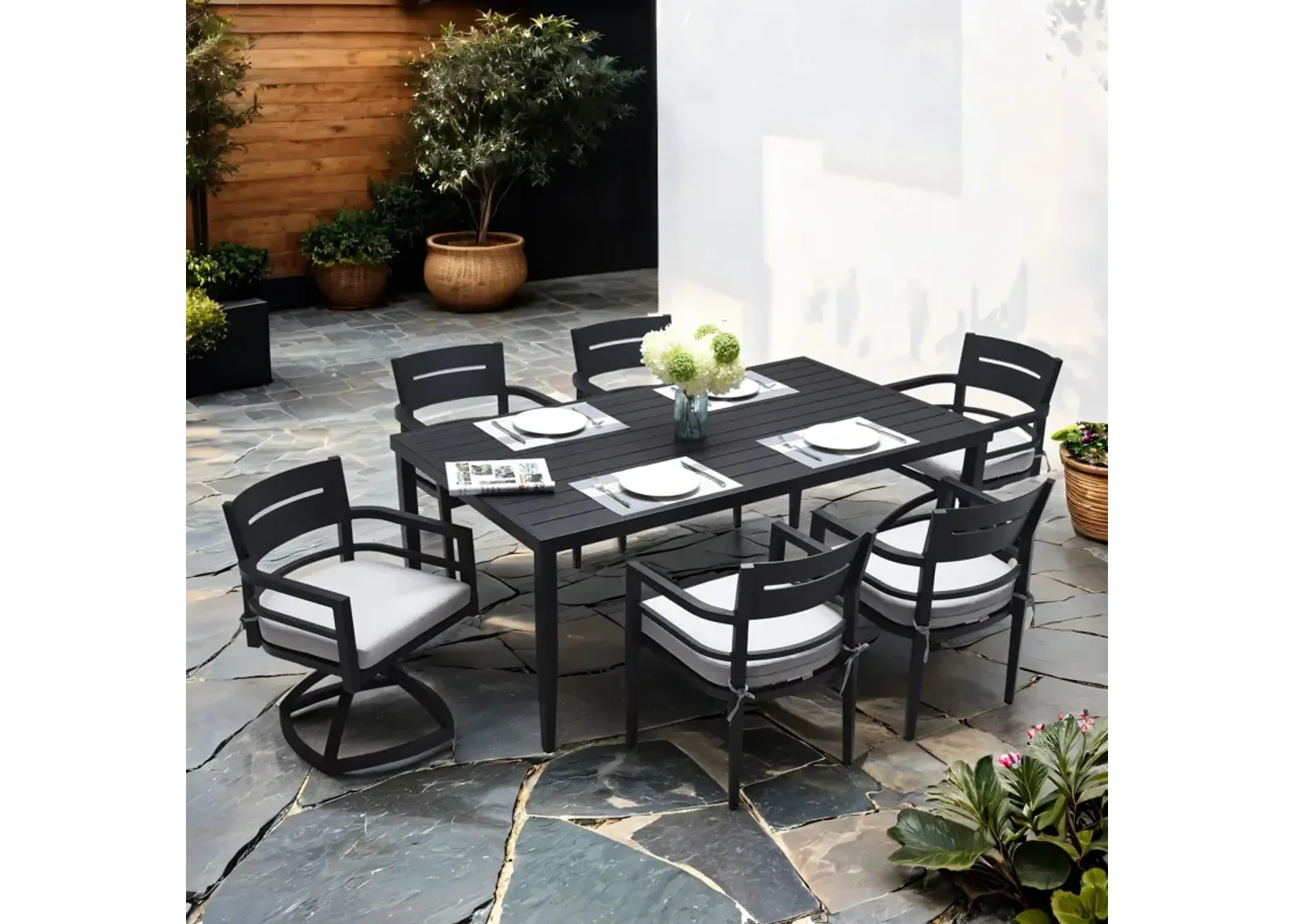 7 Piece Dining Set Modern Outdoor Patio Furniture, Including 4 Dining Chairs & 2 Swivel Rockers Sunbrella Fabric Cushioned And Rectangle Dining Table With Umbrella Hole