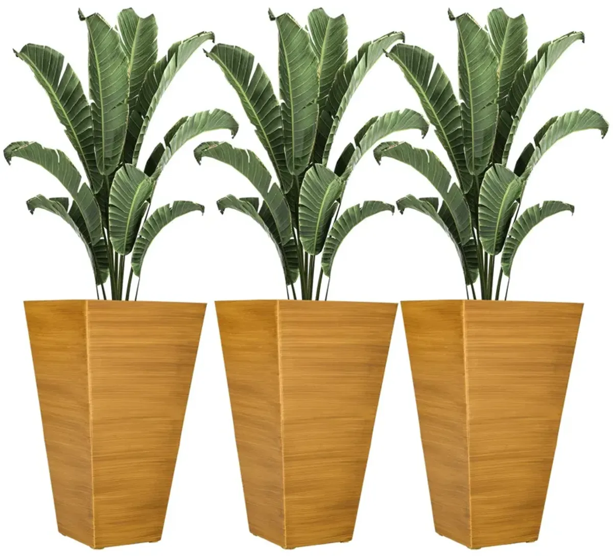 Outsunny - Outdoor Planters (Set of 3) Large Taper Planters With Drainage Holes And Plug, Faux Wood Plastic Flower Pots For Outdoor, Indoor, Garden, Patio