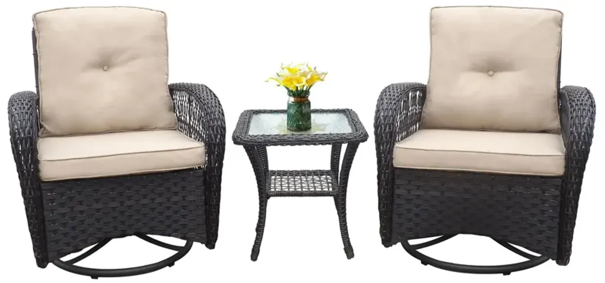 3 Pieces Conversation Set, Outdoor Wicker Rocker Swivel Patio Bistro Set, Rocking Chair With Glass Top Side Table