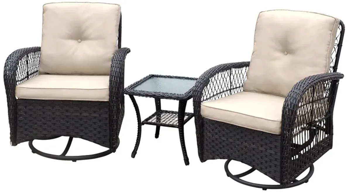 3 Pieces Conversation Set, Outdoor Wicker Rocker Swivel Patio Bistro Set, Rocking Chair With Glass Top Side Table