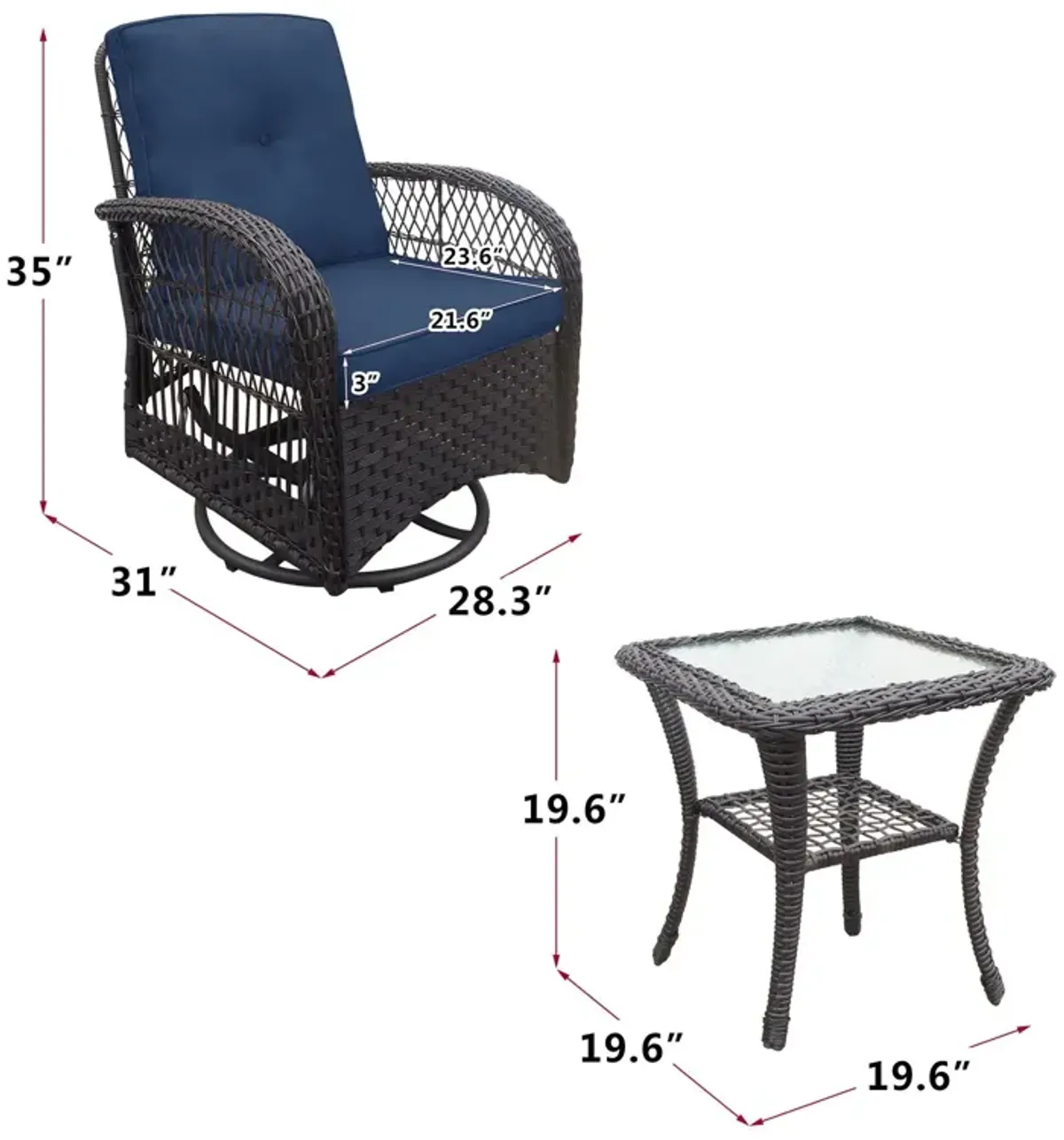 3 Pieces Conversation Set, Outdoor Wicker Rocker Swivel Patio Bistro Set, Rocking Chair With Glass Top Side Table