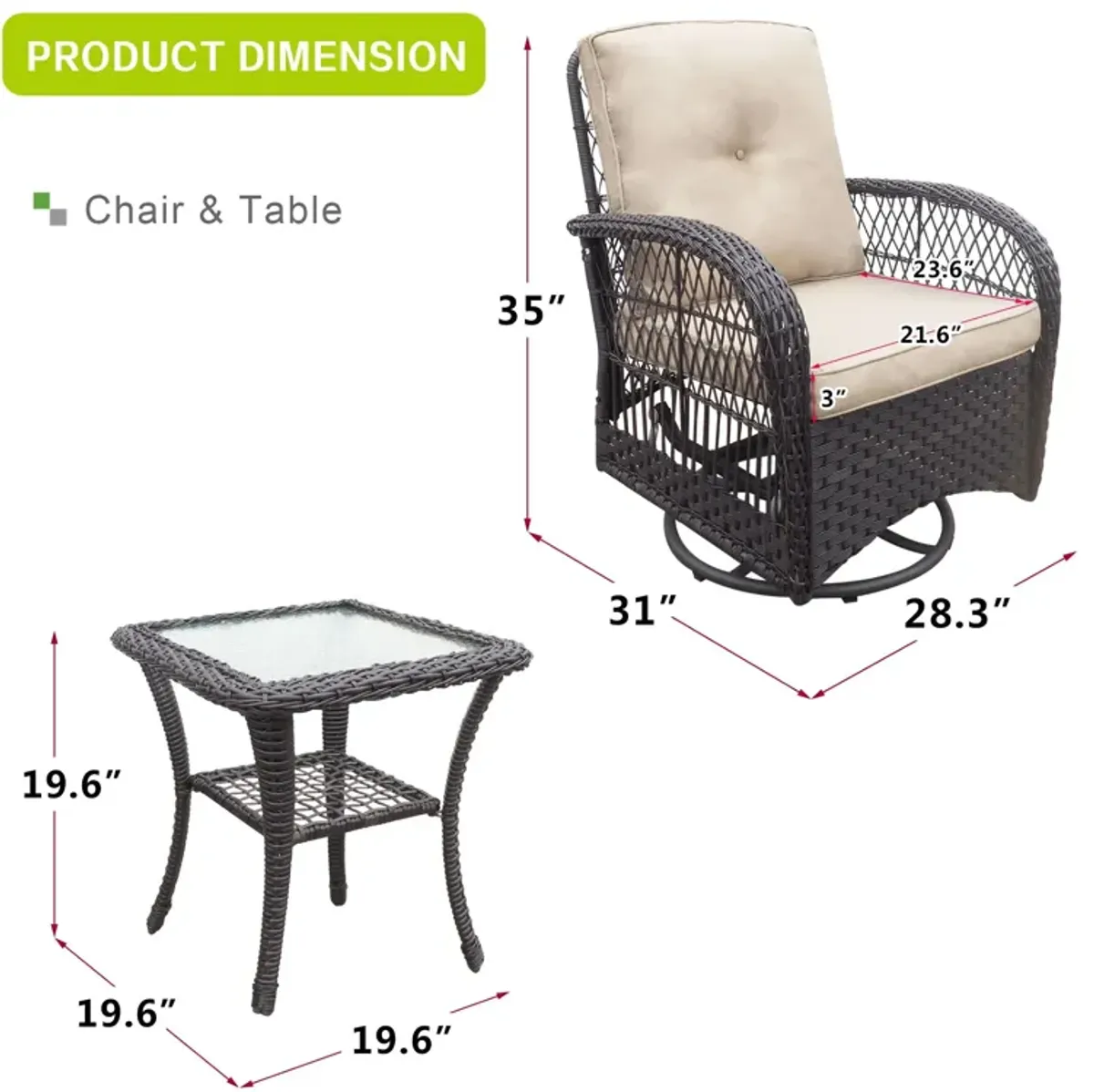 3 Pieces Conversation Set, Outdoor Wicker Rocker Swivel Patio Bistro Set, Rocking Chair With Glass Top Side Table