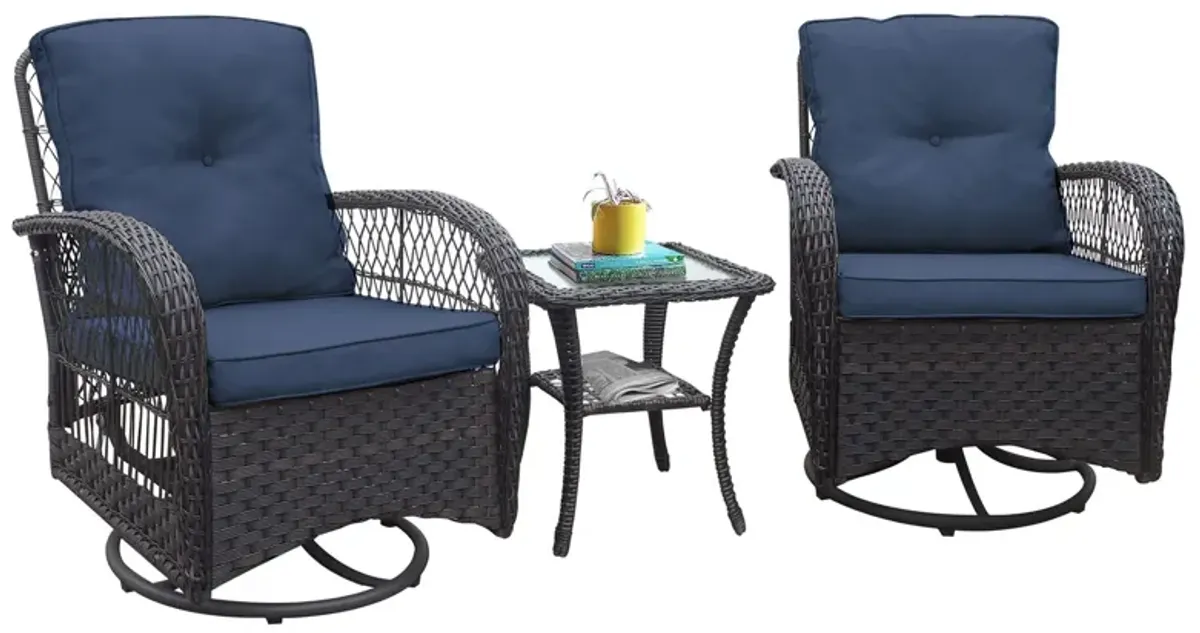 3 Pieces Conversation Set, Outdoor Wicker Rocker Swivel Patio Bistro Set, Rocking Chair With Glass Top Side Table