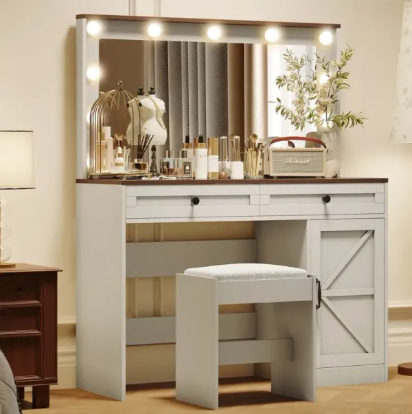 Makeup Vanity Table, Makeup Table With Large Mirror And 11 LED Light, Brightness Adjustable, Dressing Table Desk With 3 Drawers, Vanity Desk For Women (With Stool)