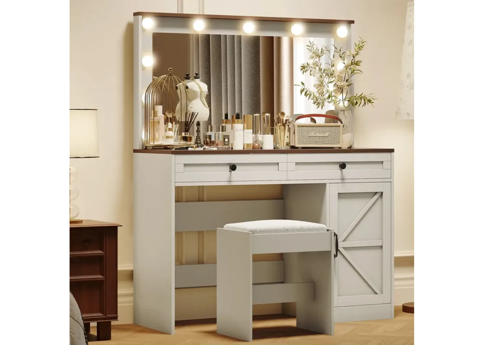 Makeup Vanity Table, Makeup Table With Large Mirror And 11 LED Light, Brightness Adjustable, Dressing Table Desk With 3 Drawers, Vanity Desk For Women (With Stool)