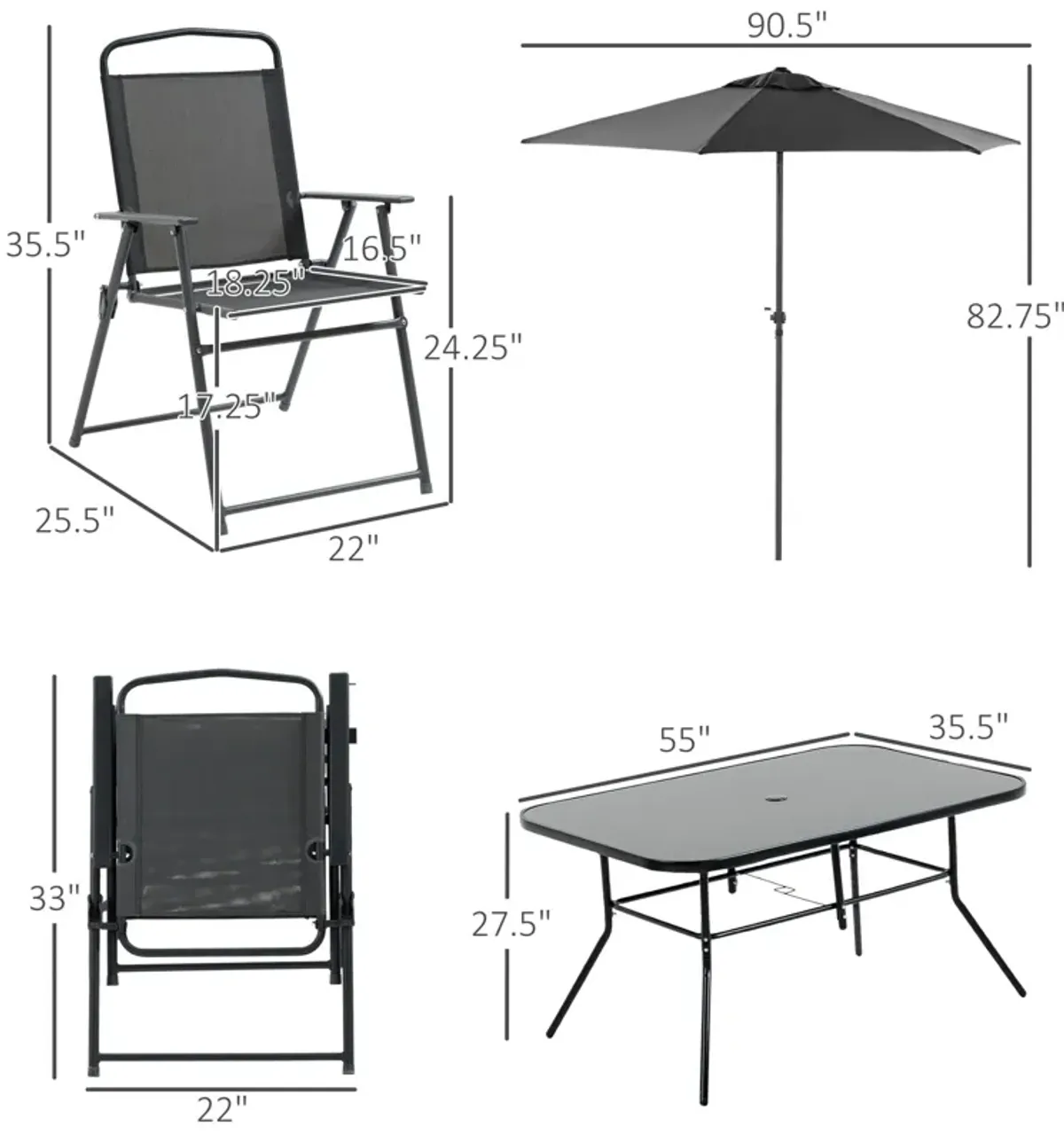 Outsunny - Patio Dining Set With Table Umbrella, Folding Chairs And Dining Table, Outdoor Patio Furniture Set