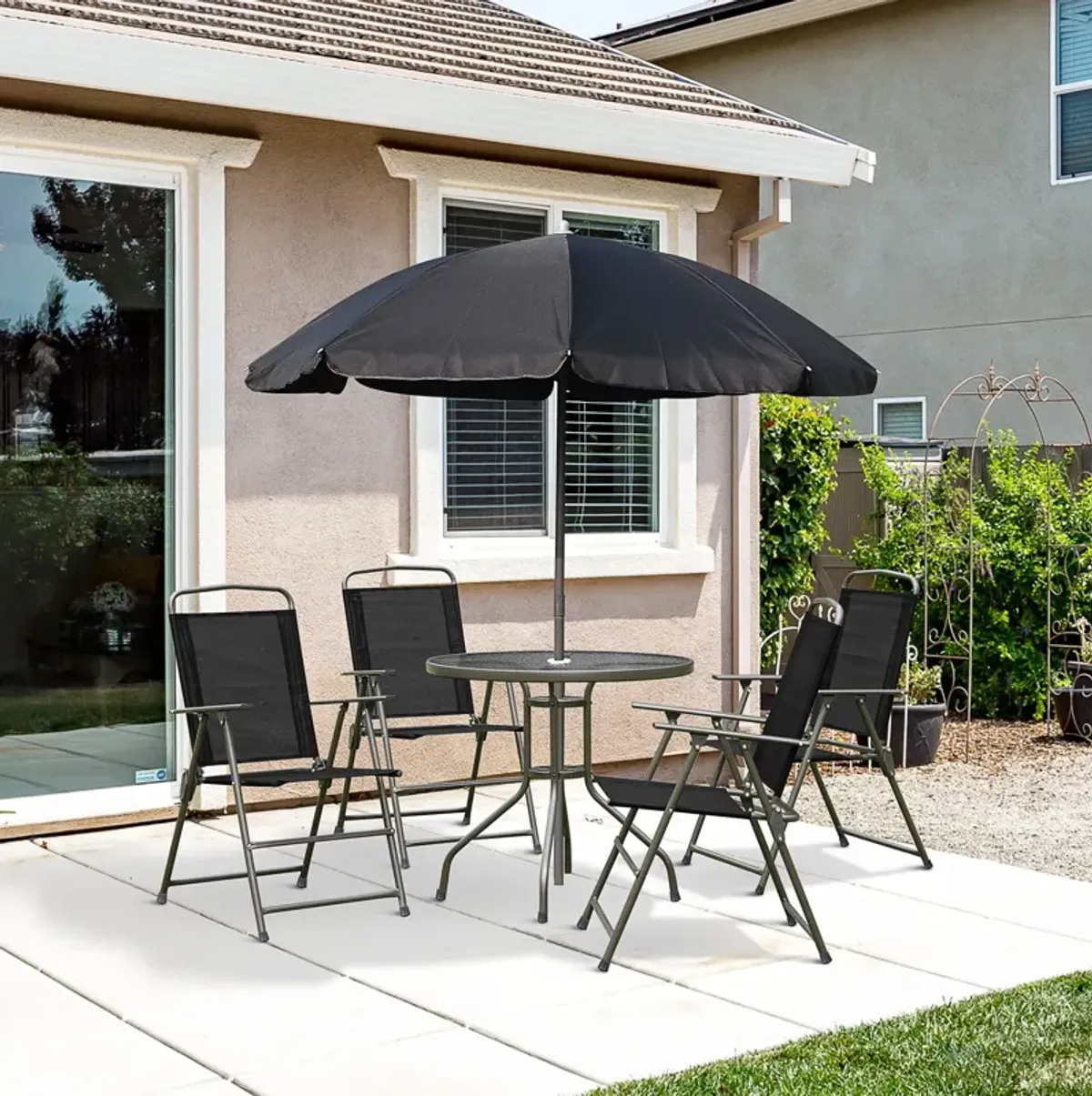 Outsunny - Patio Dining Set With Table Umbrella, Folding Chairs And Dining Table, Outdoor Patio Furniture Set