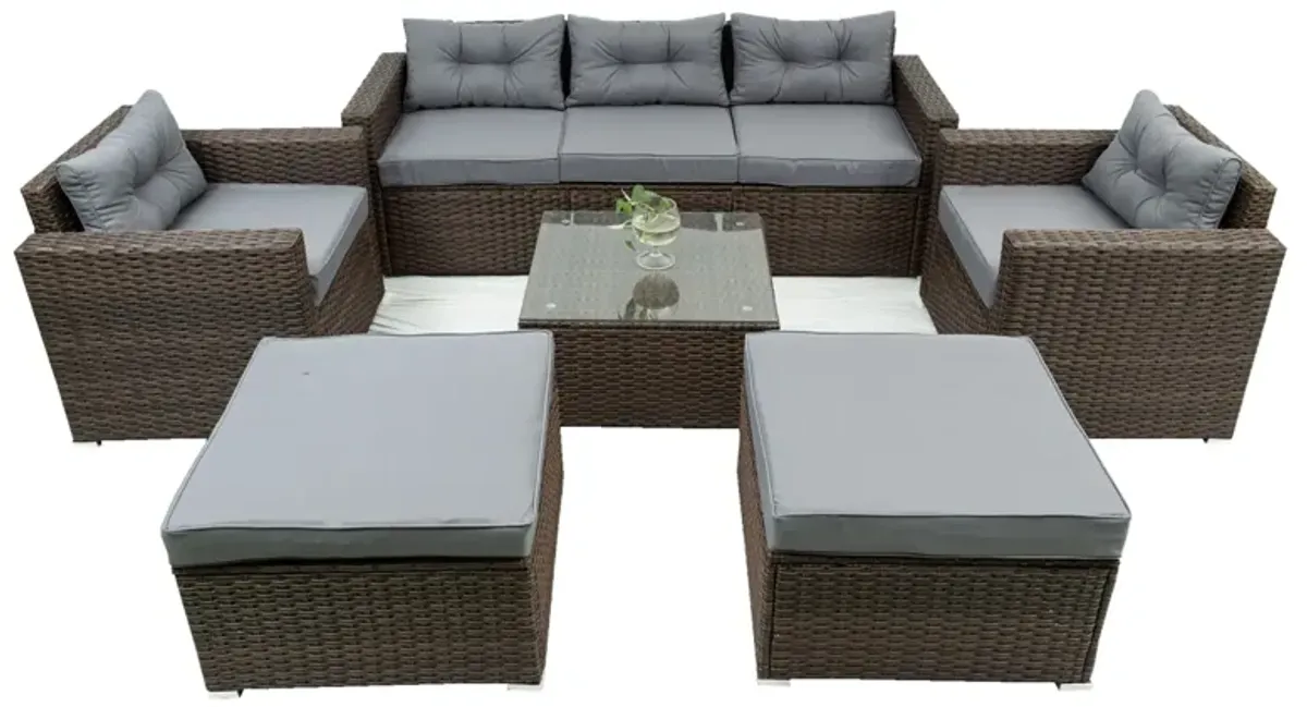 6 Piece Patio Rattan Wicker Outdoor Furniture Conversation Sofa Set With Removeable Cushions And Temper Glass Tabletop - Brown