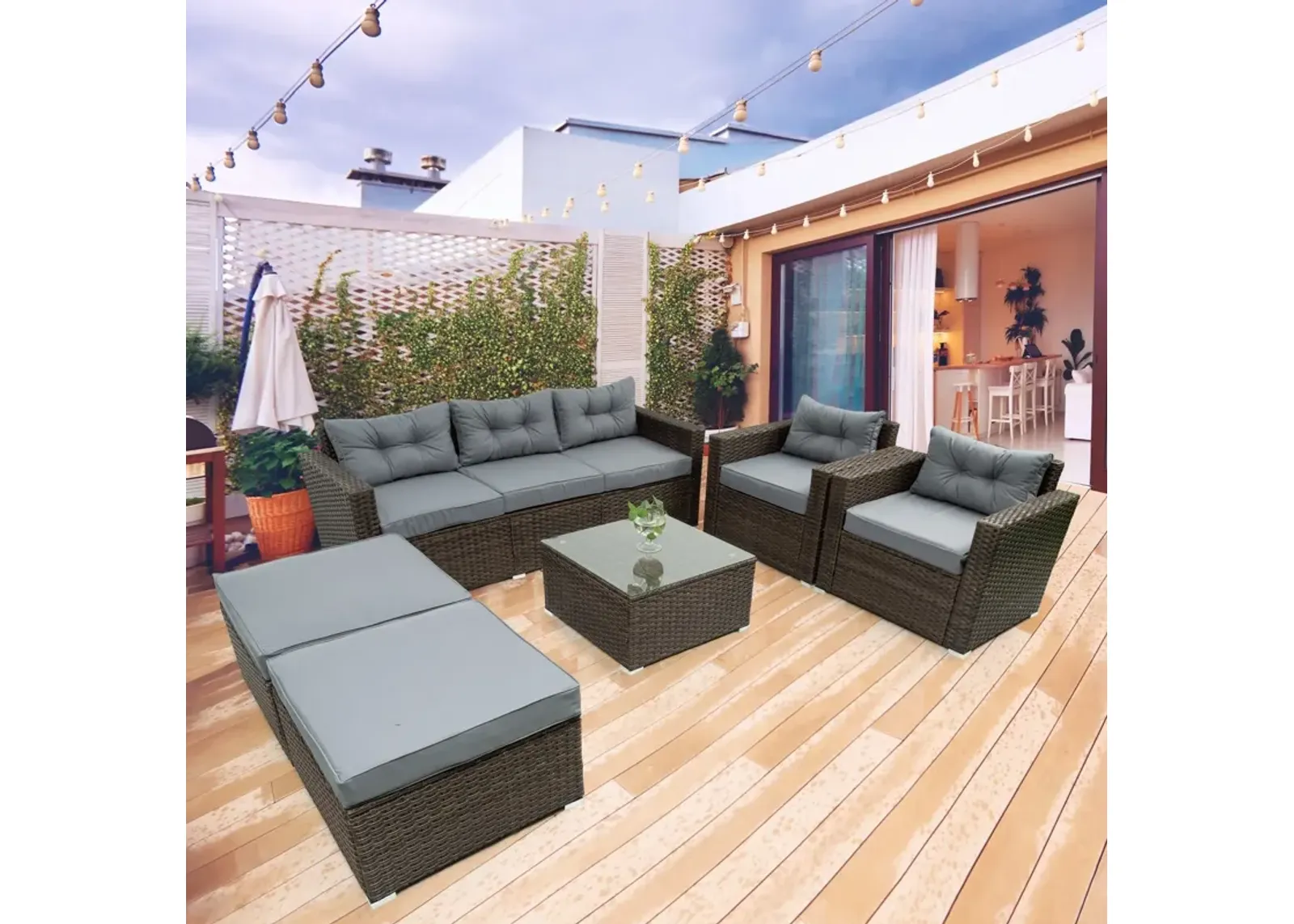 6 Piece Patio Rattan Wicker Outdoor Furniture Conversation Sofa Set With Removeable Cushions And Temper Glass Tabletop - Brown