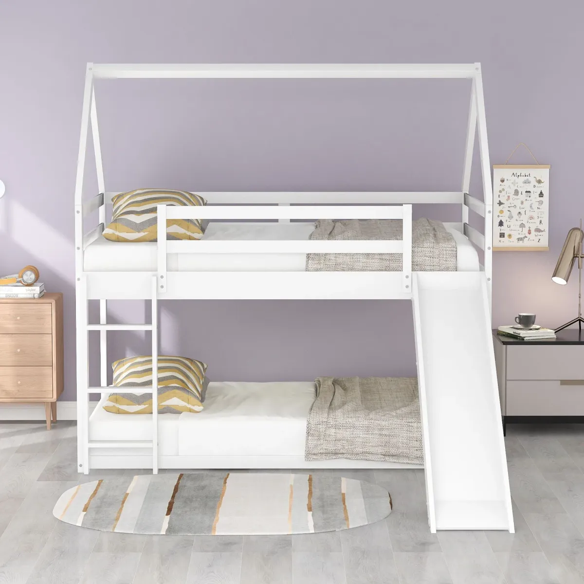 Twin Size Bunk House Bed With Slide And Ladder - White