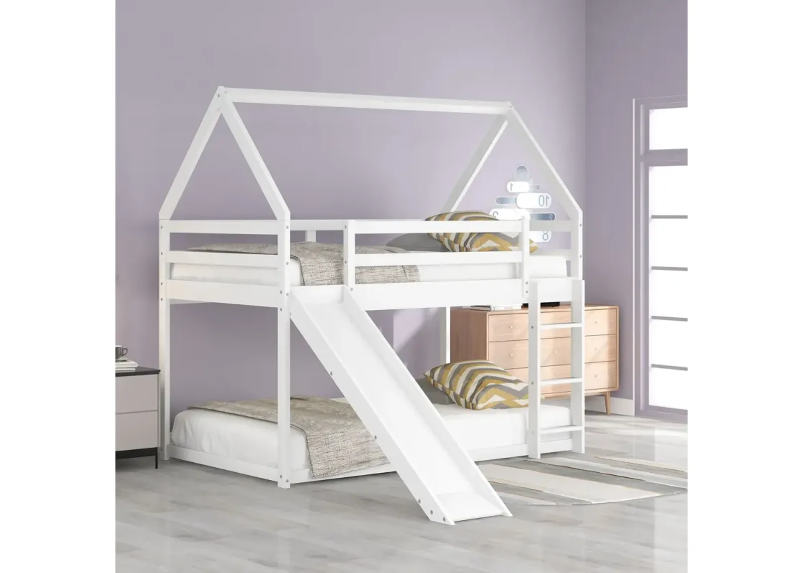 Twin Size Bunk House Bed With Slide And Ladder - White