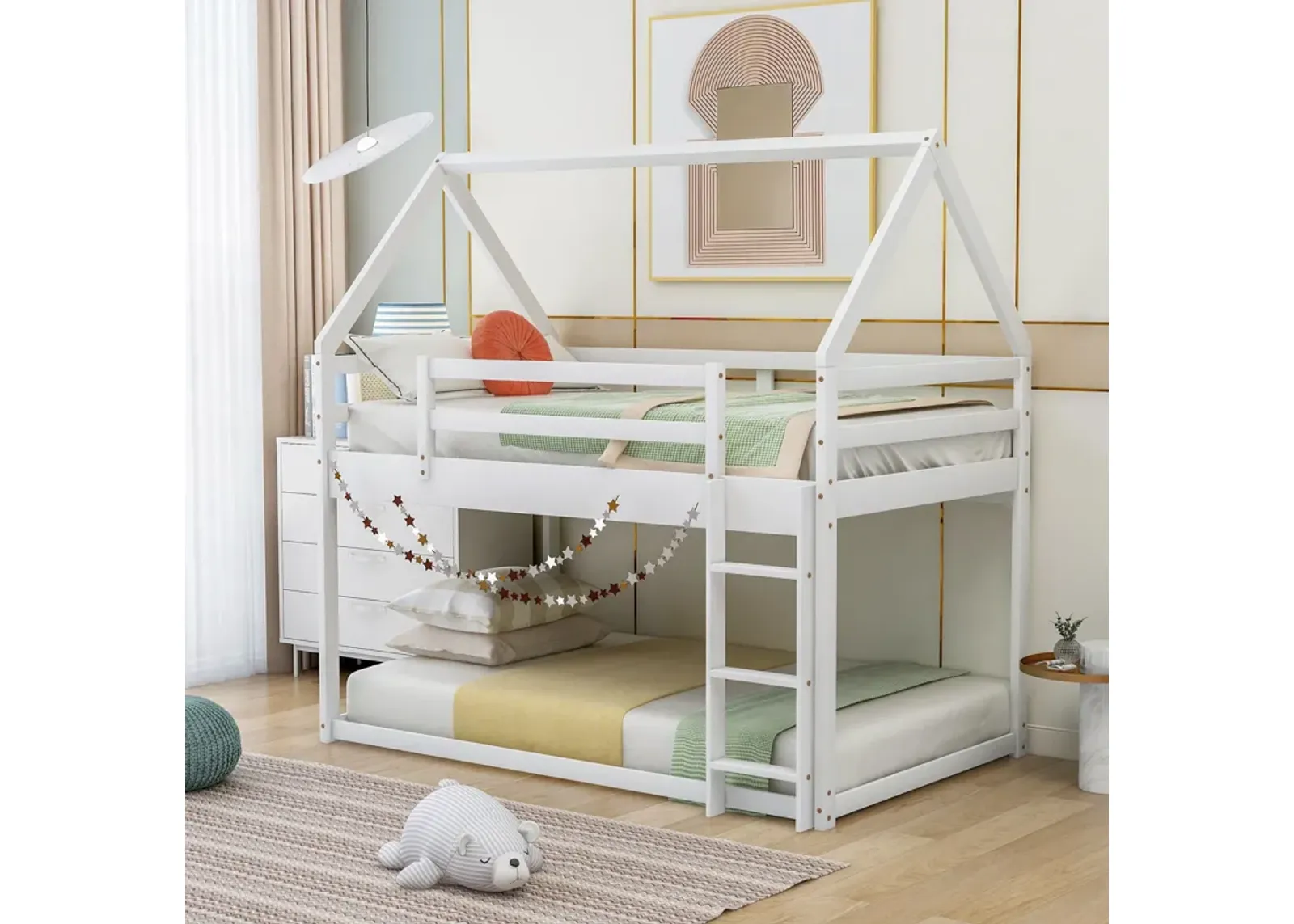 Twin Over Twin Low Bunk Bed, House Bed With Ladder - White