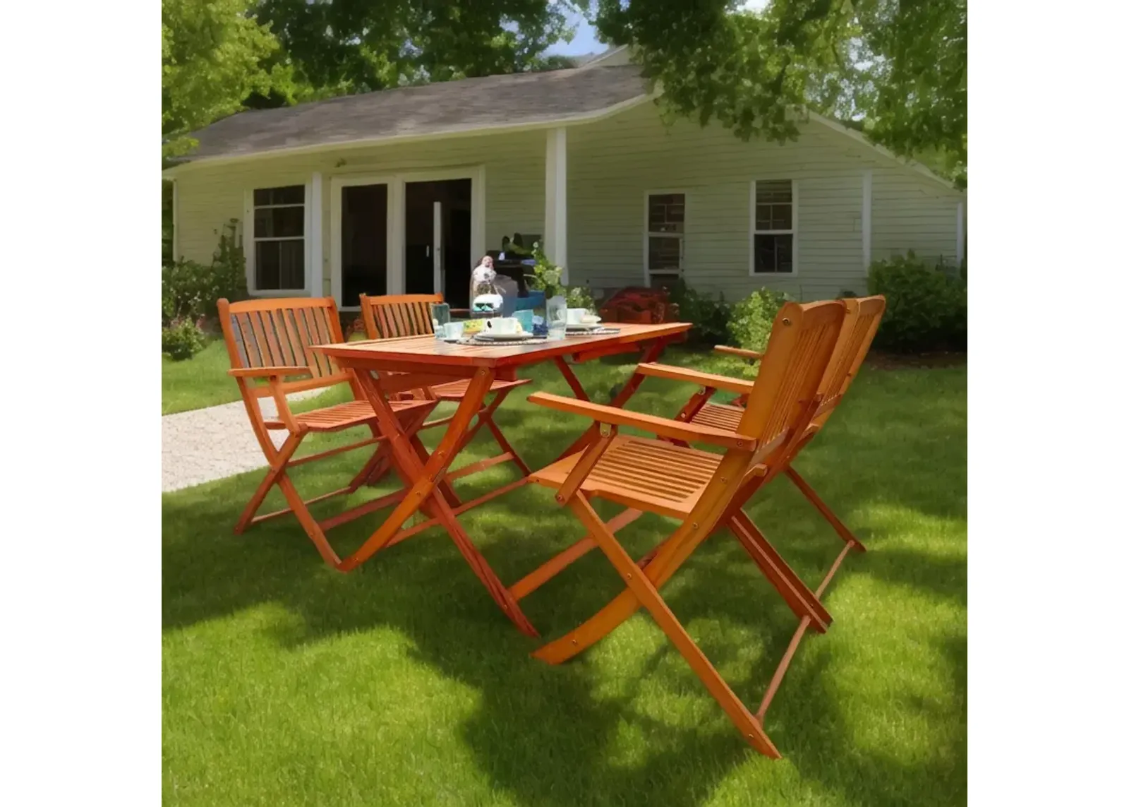 5 Piece Patio Dining Set, 4 Folding Chairs & 1 Dining Table, Indoor And Outdoor Universal - Teak