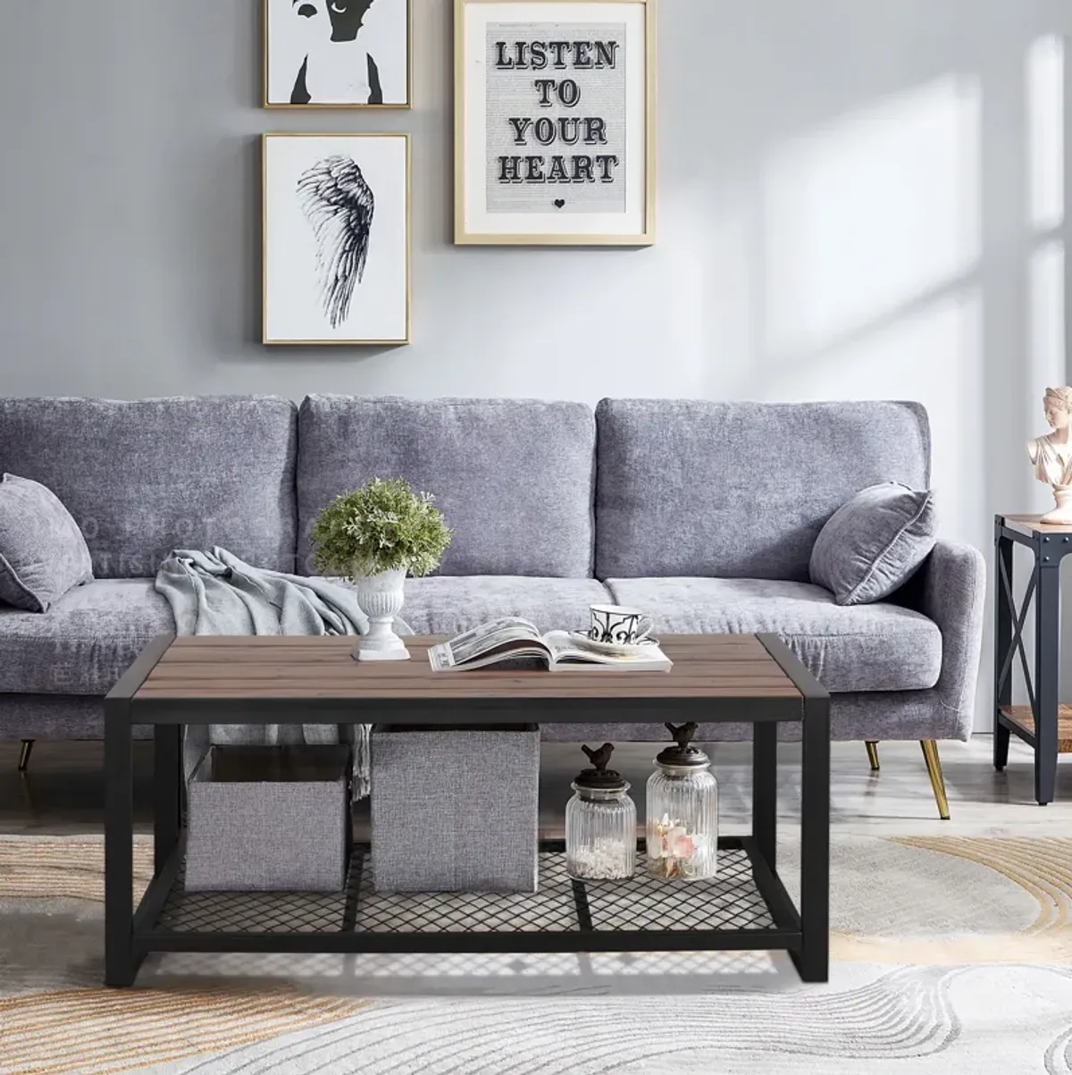 Console Coffee Table With Reclaimed Wood Finish, For Living Room - Natural