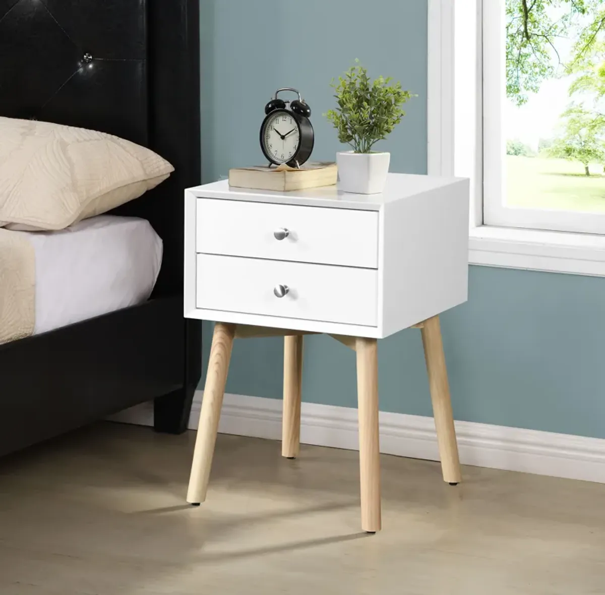 Bedside Table With 2 Drawers Mid-Century Modern Storage Cabinet For Bedroom