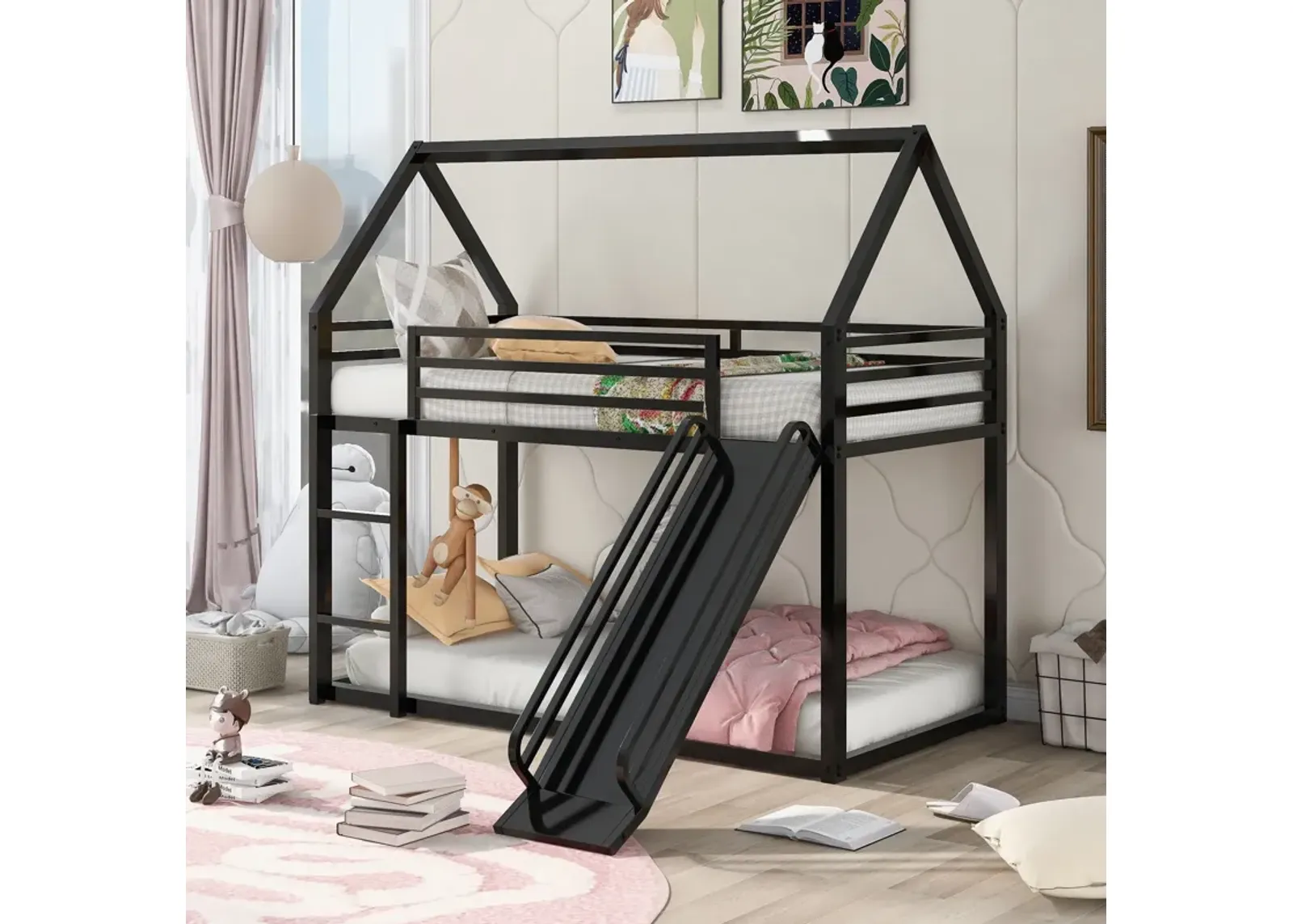 Twin Over Twin House Bunk Bed With Ladder And Slide