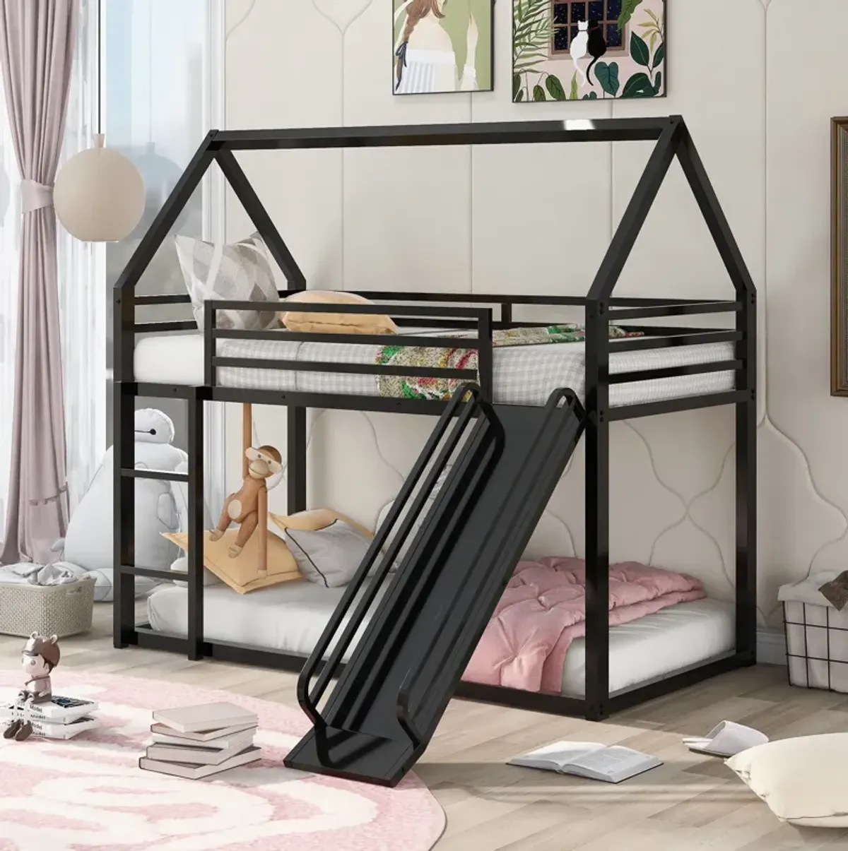 Twin Over Twin House Bunk Bed With Ladder And Slide