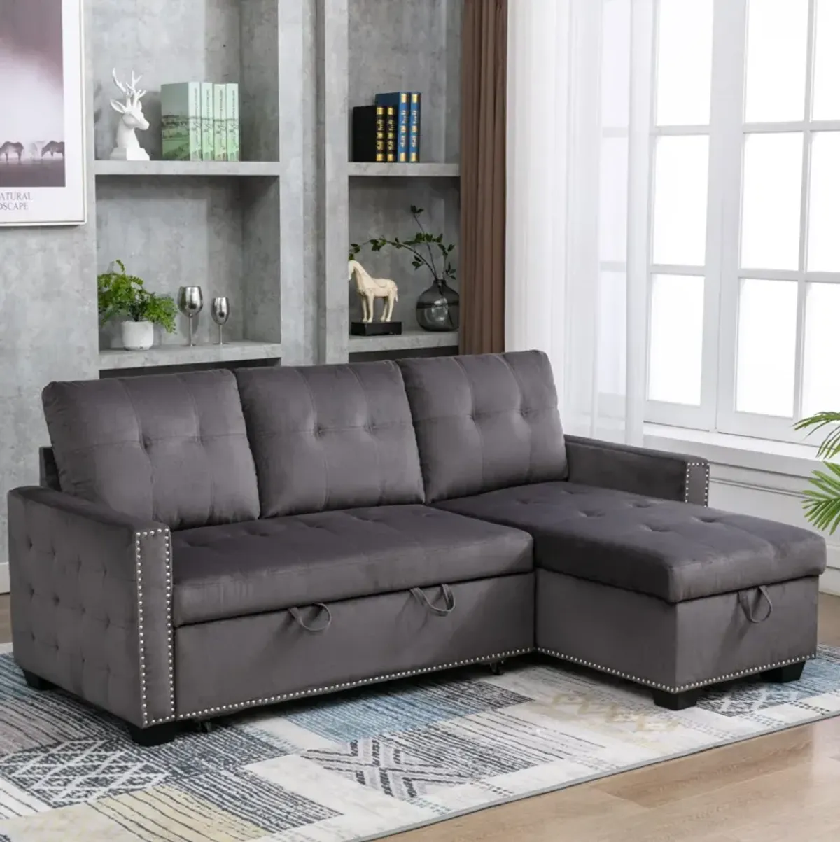 Reversible Sectional Storage Sleeper Sofa Bed, L-Shape 2 Seat Sectional Chaise With Storage, Skin-Feeling Velvet Fabric