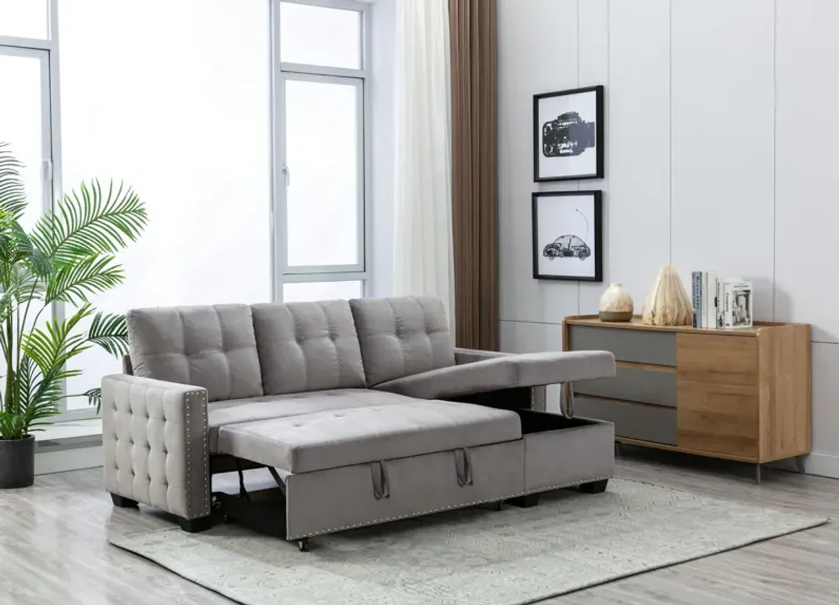 Reversible Sectional Storage Sleeper Sofa Bed, L-Shape 2 Seat Sectional Chaise With Storage, Skin-Feeling Velvet Fabric