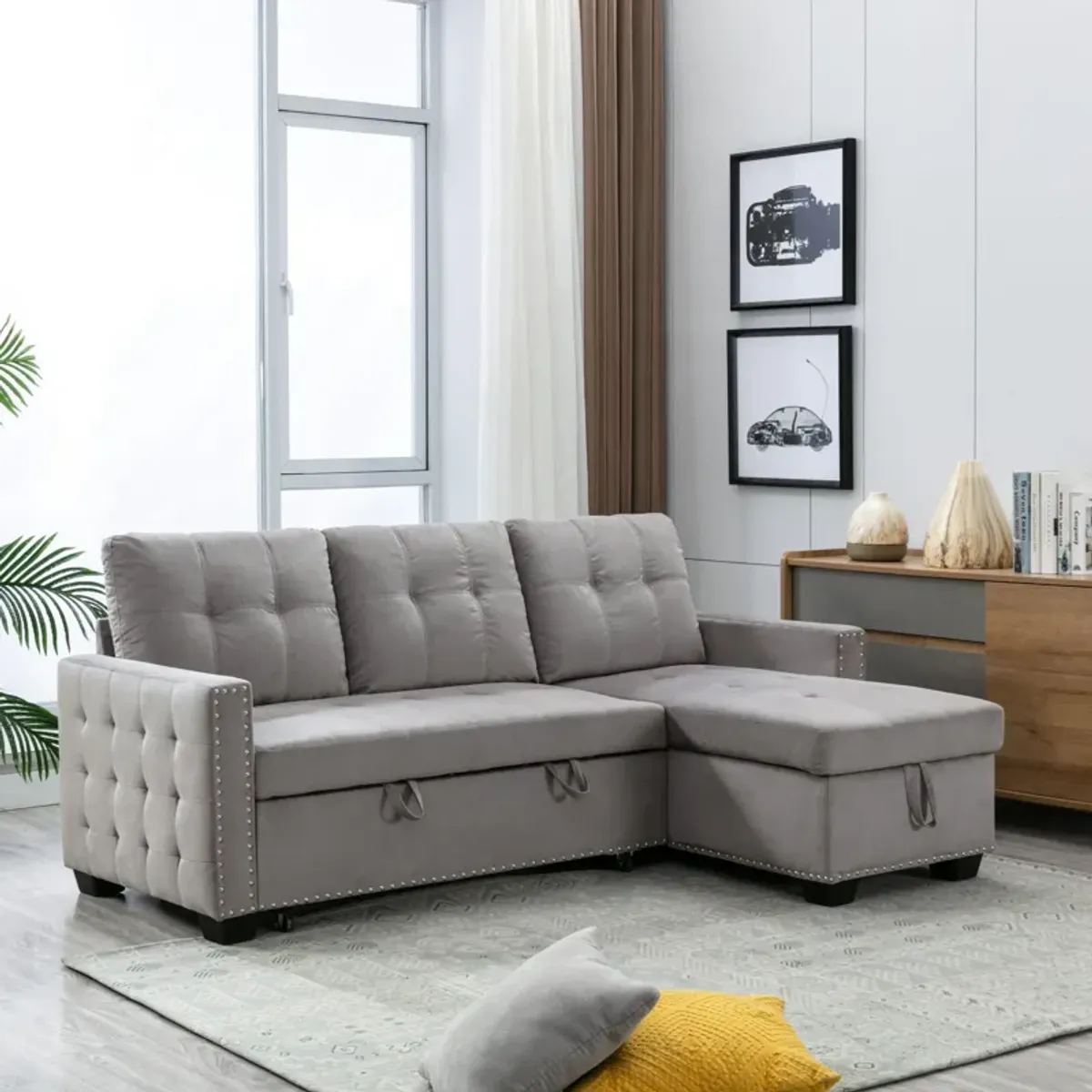 Reversible Sectional Storage Sleeper Sofa Bed, L-Shape 2 Seat Sectional Chaise With Storage, Skin-Feeling Velvet Fabric