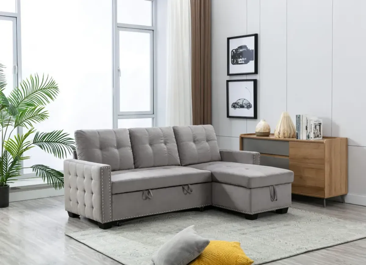 Reversible Sectional Storage Sleeper Sofa Bed, L-Shape 2 Seat Sectional Chaise With Storage, Skin-Feeling Velvet Fabric