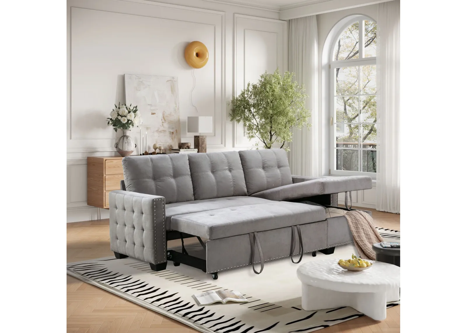 Reversible Sectional Storage Sleeper Sofa Bed, L-Shape 2 Seat Sectional Chaise With Storage, Skin-Feeling Velvet Fabric