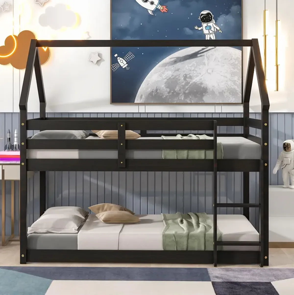 Twin Over Twin Loft Bed With Roof Design, Safety Guardrail, Ladder