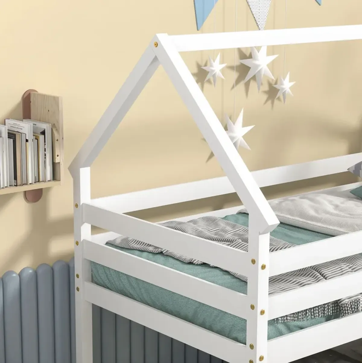 Twin Over Twin Loft Bed With Roof Design, Safety Guardrail, Ladder