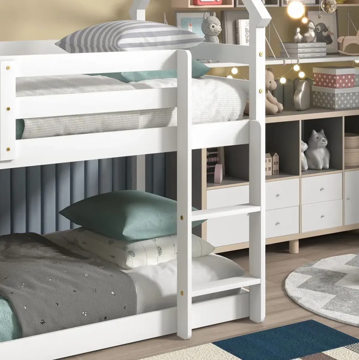 Twin Over Twin Loft Bed With Roof Design, Safety Guardrail, Ladder