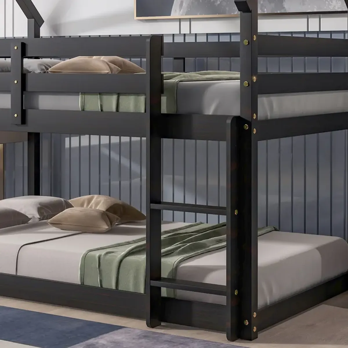 Twin Over Twin Loft Bed With Roof Design, Safety Guardrail, Ladder