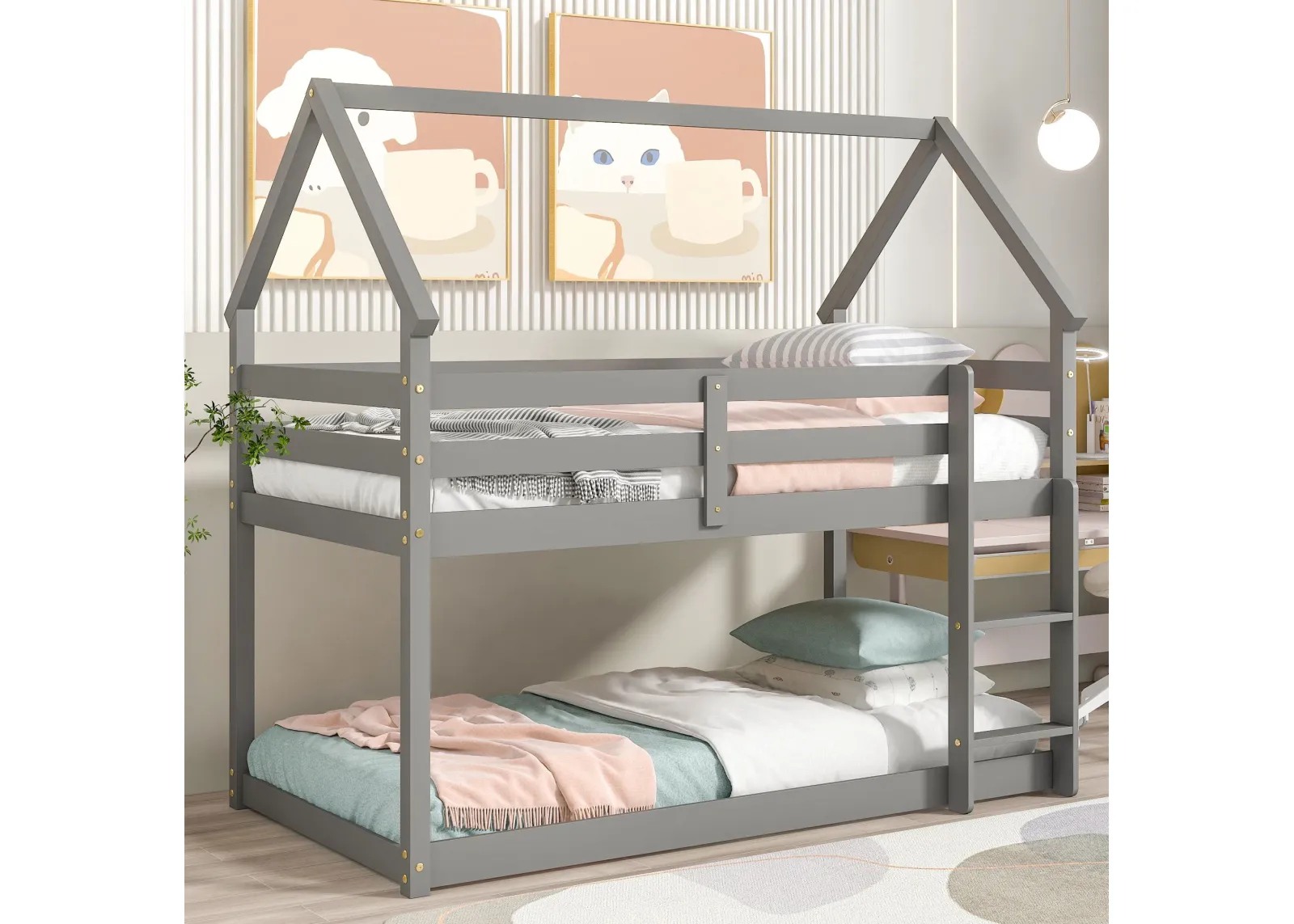 Twin Over Twin Loft Bed With Roof Design, Safety Guardrail, Ladder