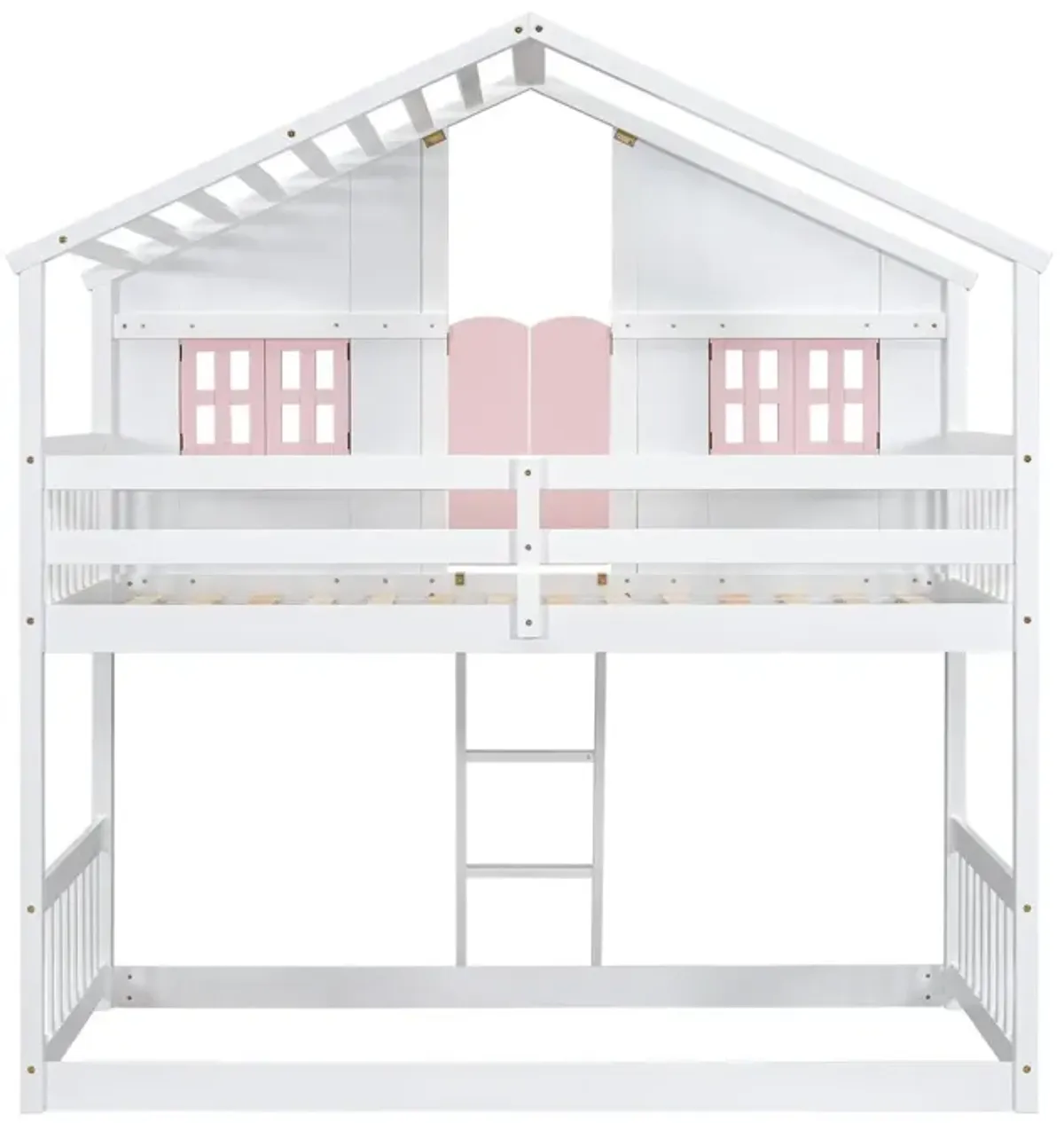 House Bunk Bed With Roof, Window, Window Box, Door, With Safety Guardrails And Ladder