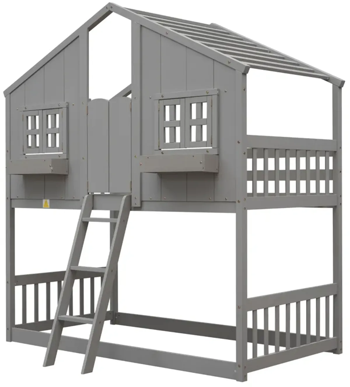 House Bunk Bed With Roof, Window, Window Box, Door, With Safety Guardrails And Ladder