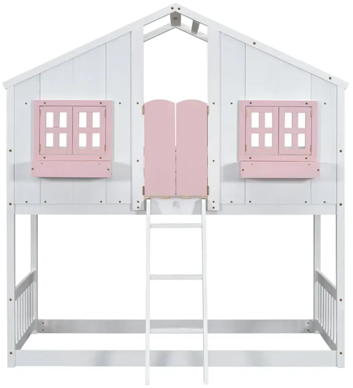 House Bunk Bed With Roof, Window, Window Box, Door, With Safety Guardrails And Ladder