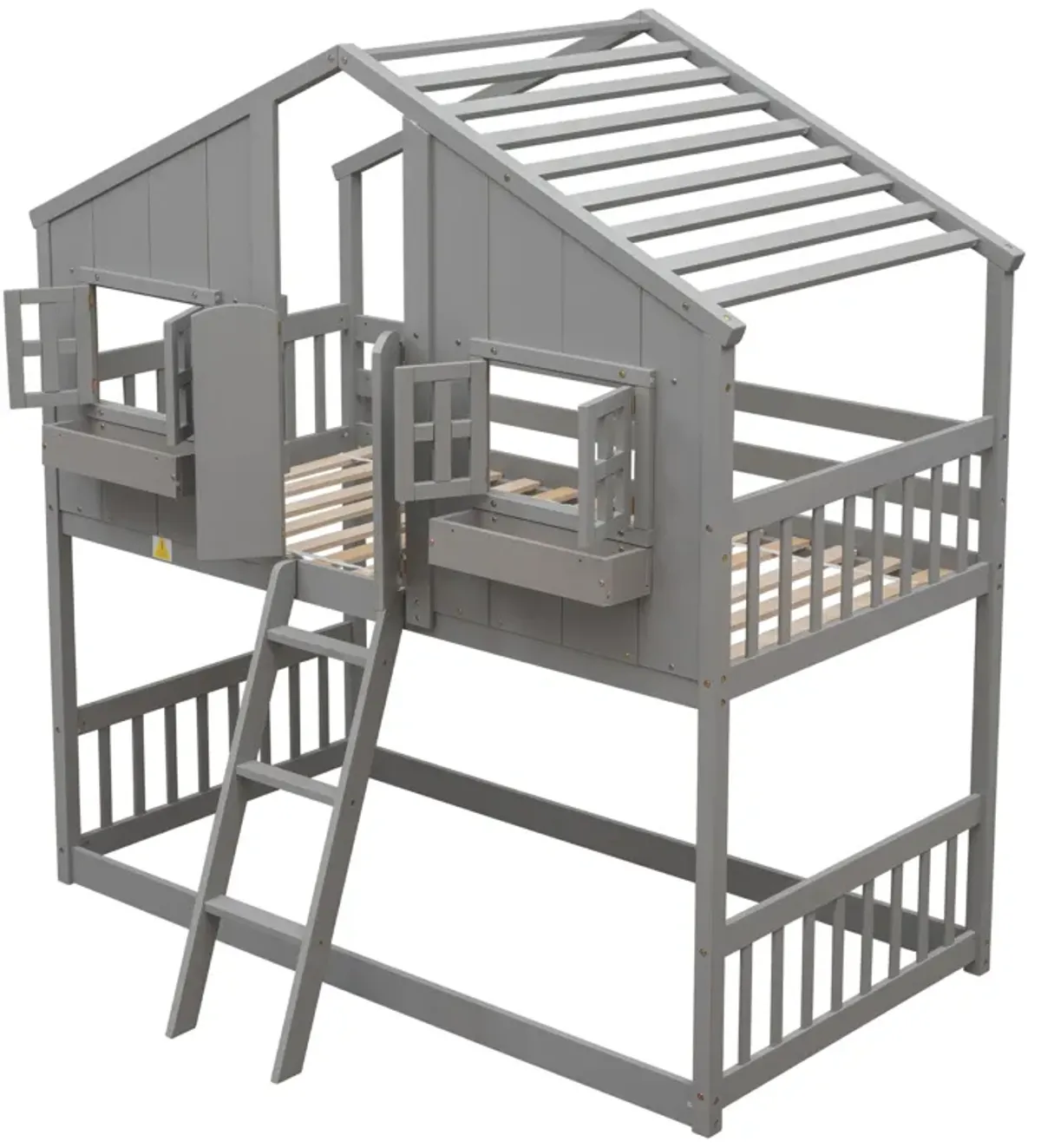 House Bunk Bed With Roof, Window, Window Box, Door, With Safety Guardrails And Ladder