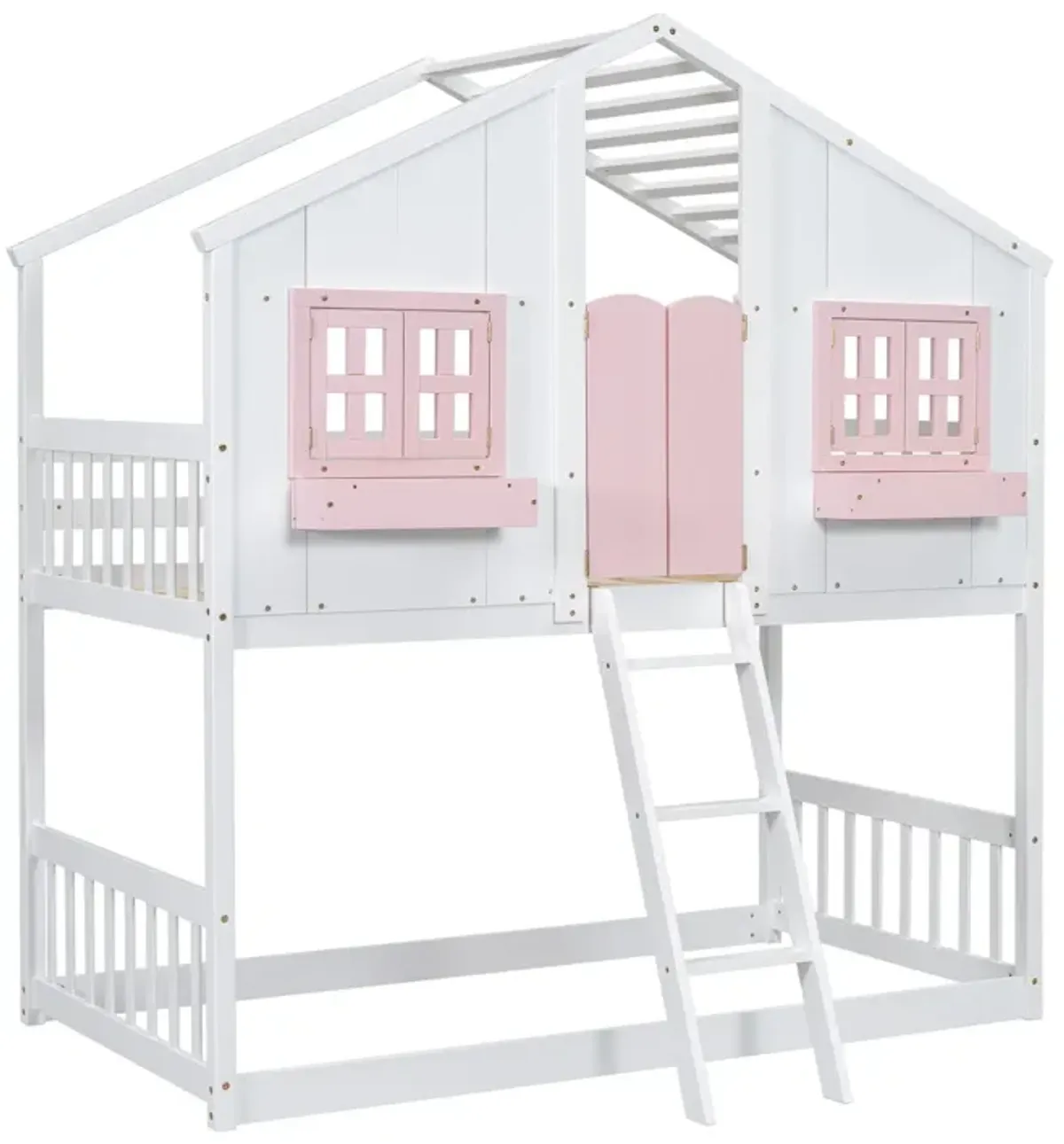 House Bunk Bed With Roof, Window, Window Box, Door, With Safety Guardrails And Ladder