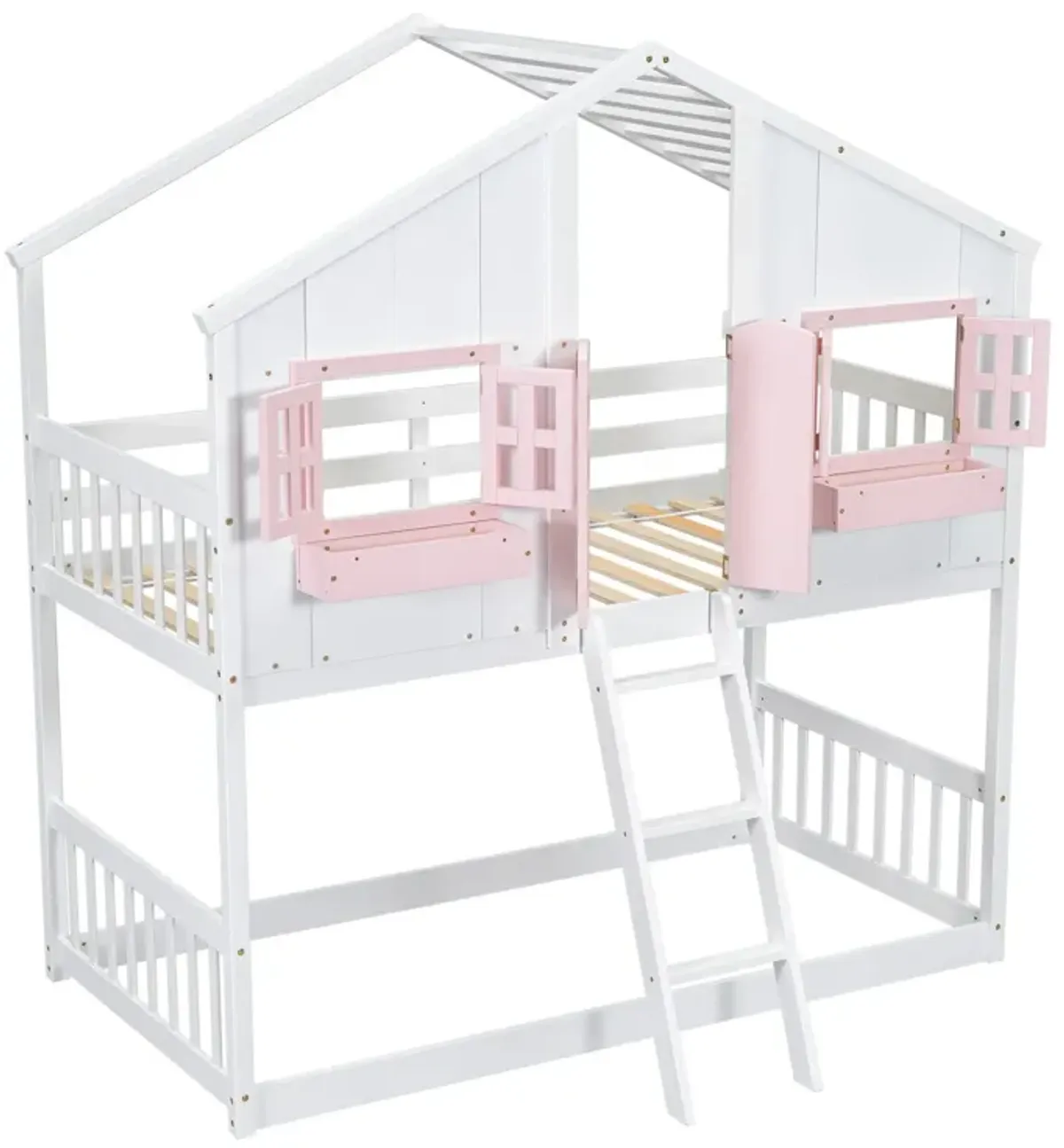 House Bunk Bed With Roof, Window, Window Box, Door, With Safety Guardrails And Ladder