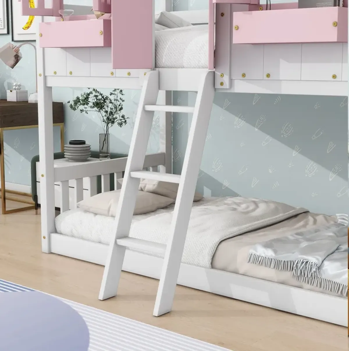 House Bunk Bed With Roof, Window, Window Box, Door, With Safety Guardrails And Ladder