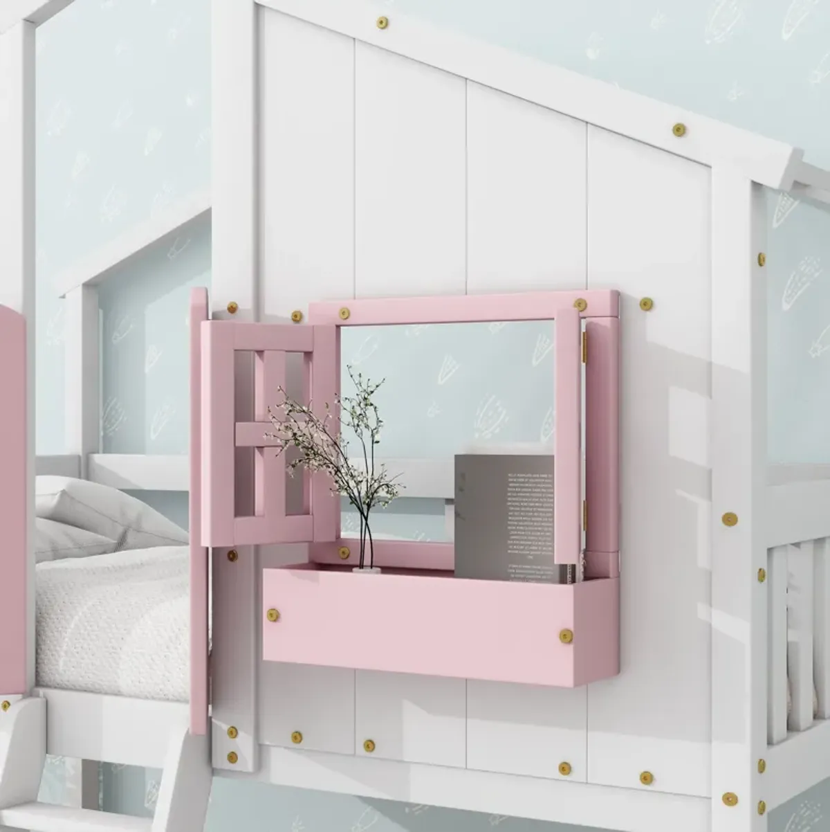 House Bunk Bed With Roof, Window, Window Box, Door, With Safety Guardrails And Ladder