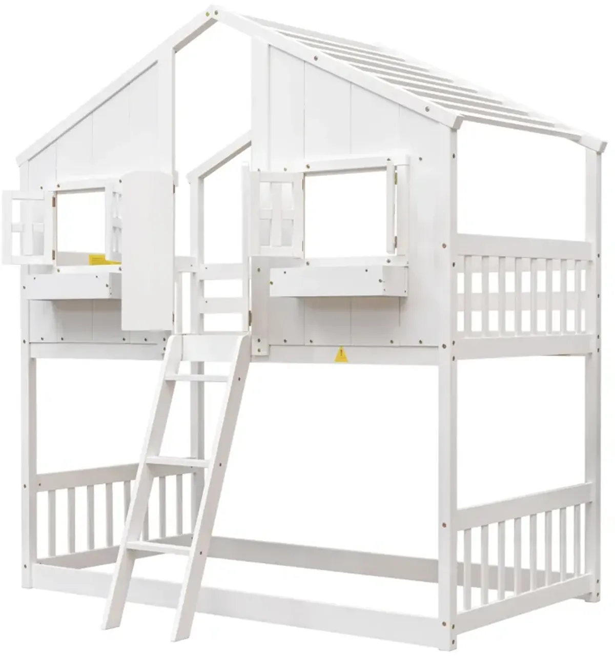 House Bunk Bed With Roof, Window, Window Box, Door, With Safety Guardrails And Ladder