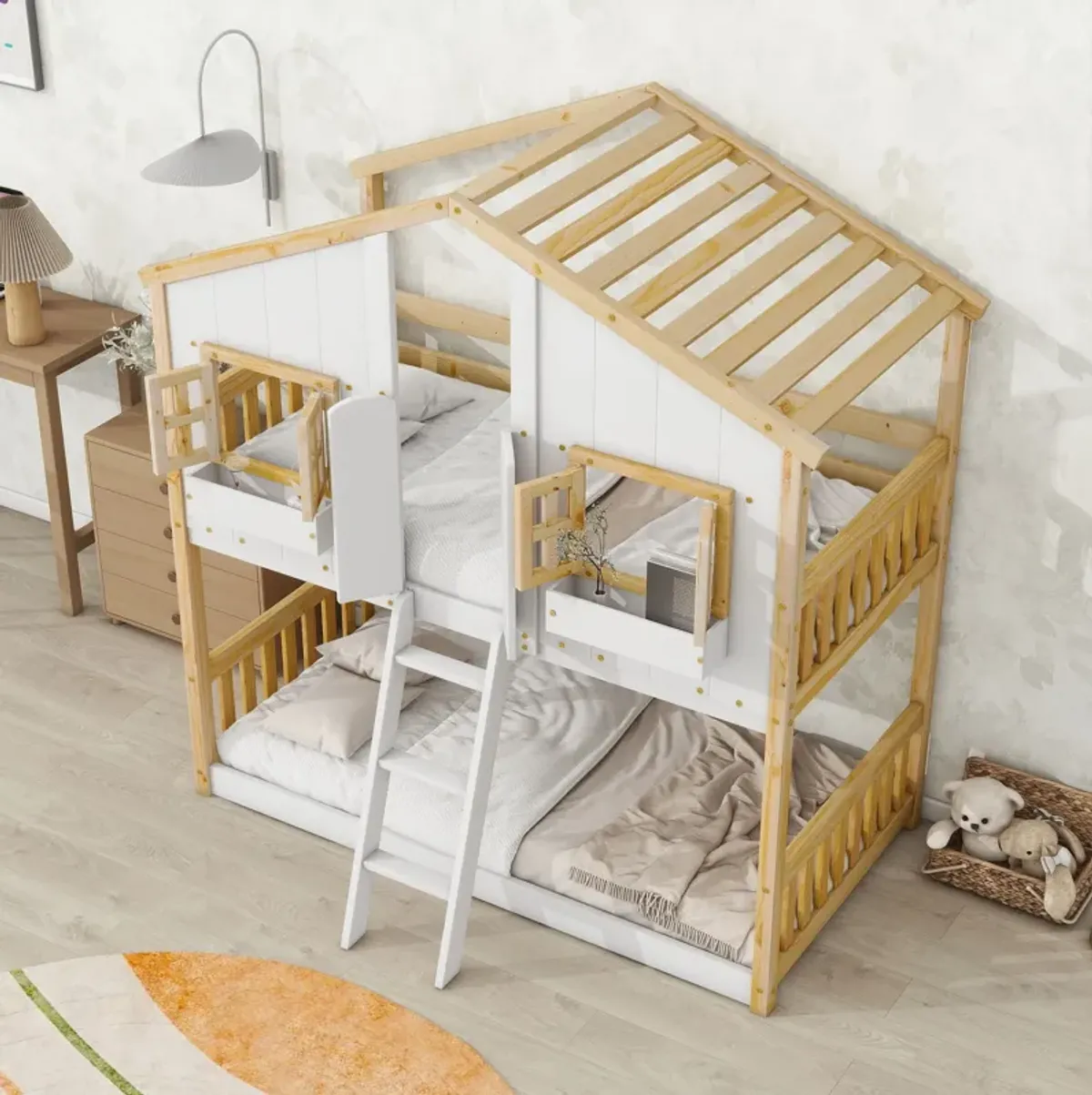 House Bunk Bed With Roof, Window, Window Box, Door, With Safety Guardrails And Ladder