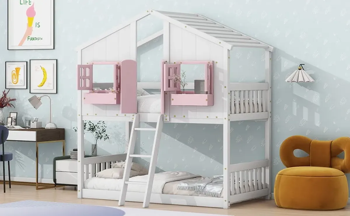 House Bunk Bed With Roof, Window, Window Box, Door, With Safety Guardrails And Ladder