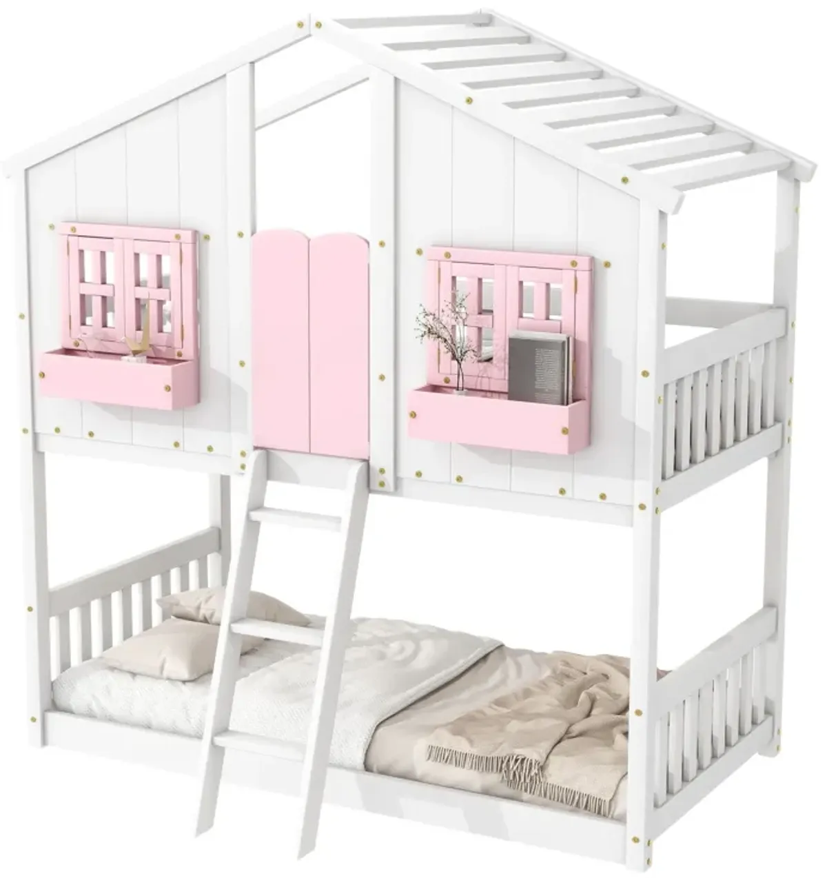 House Bunk Bed With Roof, Window, Window Box, Door, With Safety Guardrails And Ladder