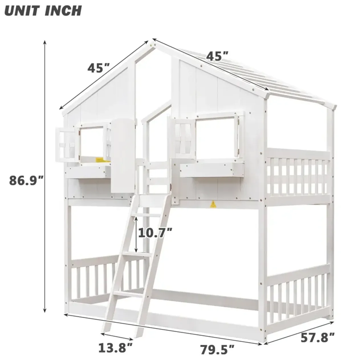 House Bunk Bed With Roof, Window, Window Box, Door, With Safety Guardrails And Ladder