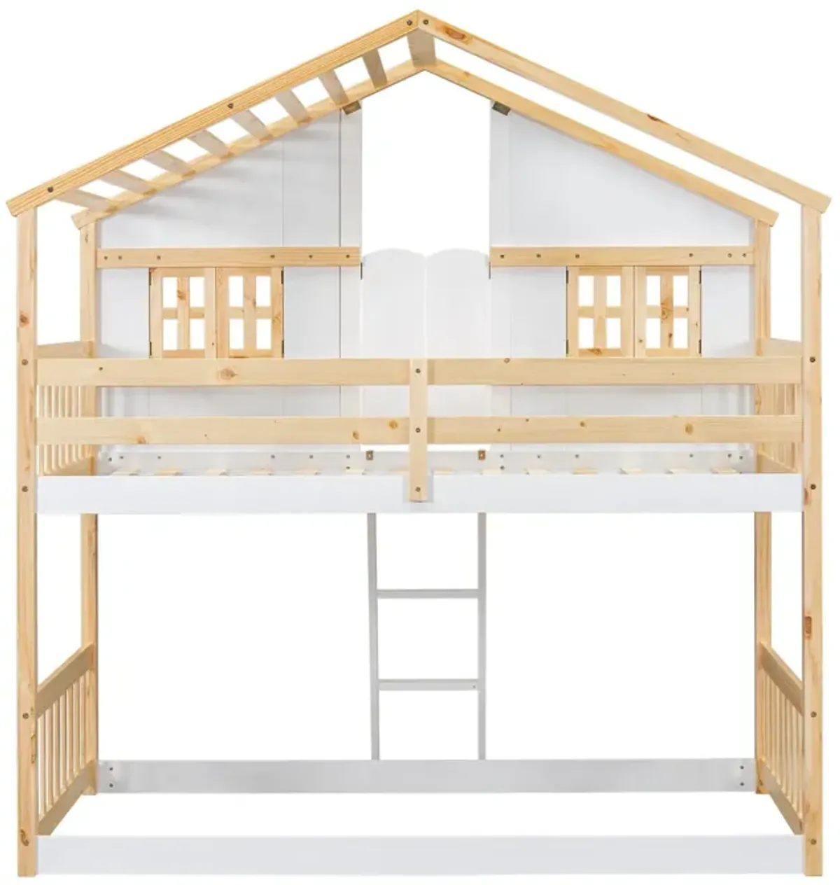 House Bunk Bed With Roof, Window, Window Box, Door, With Safety Guardrails And Ladder