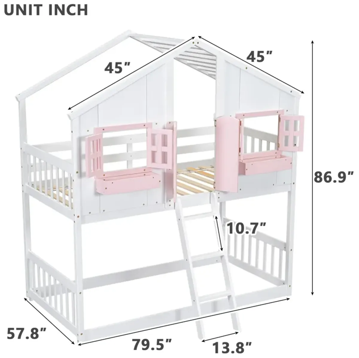 House Bunk Bed With Roof, Window, Window Box, Door, With Safety Guardrails And Ladder