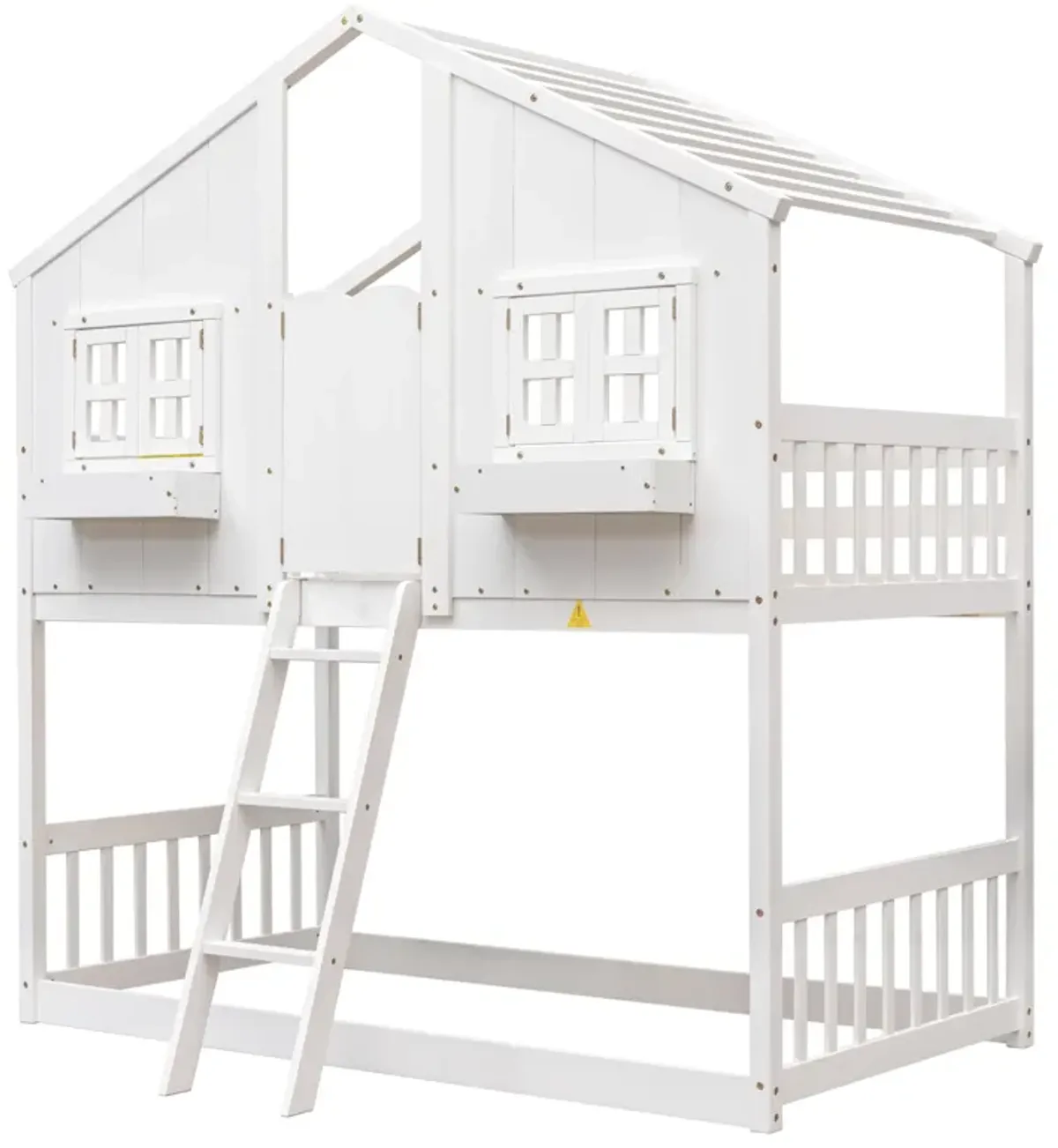 House Bunk Bed With Roof, Window, Window Box, Door, With Safety Guardrails And Ladder